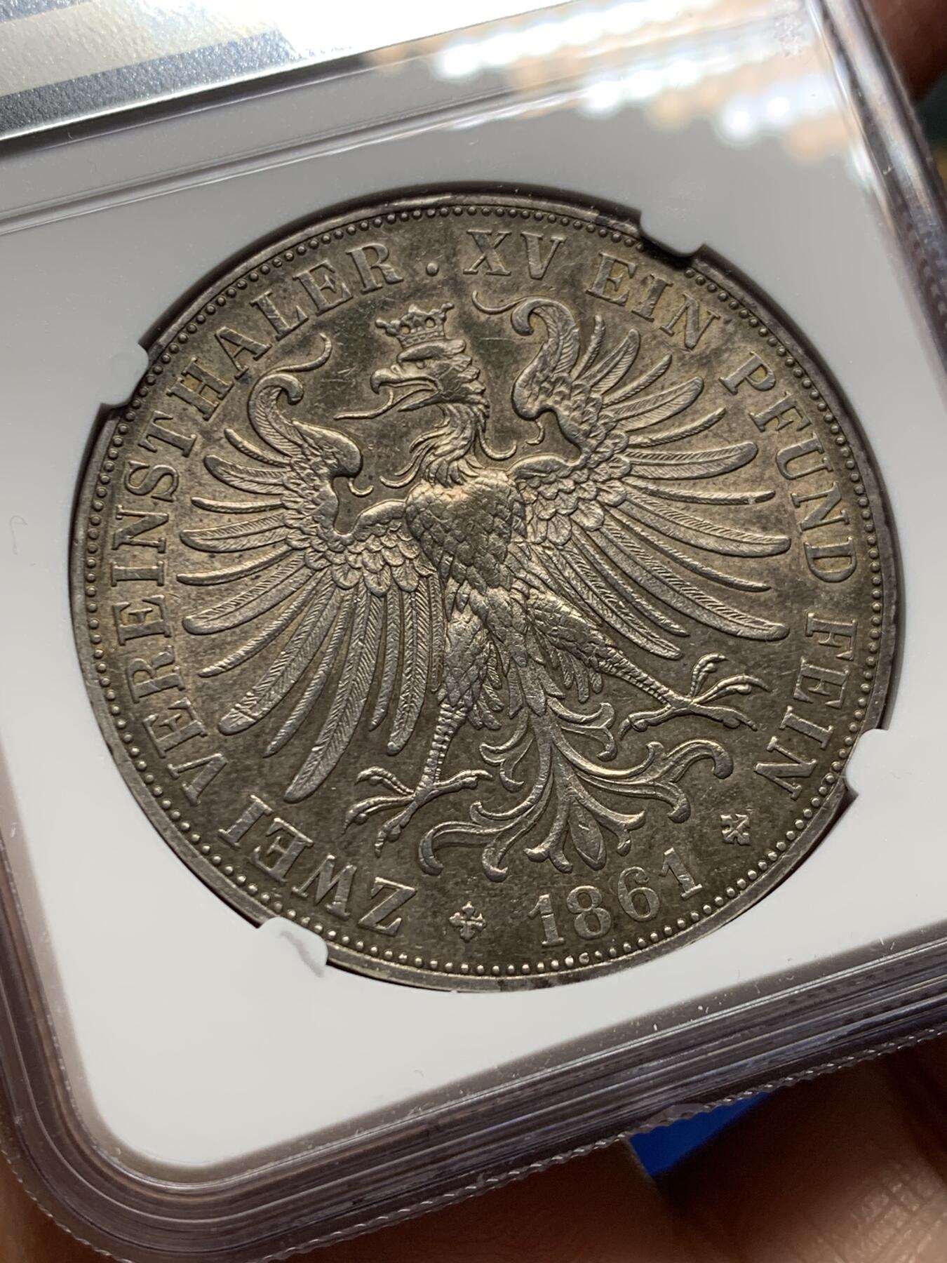 《竞宝斋》第473场 周日，周一 2场连拍 （全场包邮）欢迎送拍 NGC AUD 德国 1861年 法兰克福少女 2泰勒 银币 细节保存不错