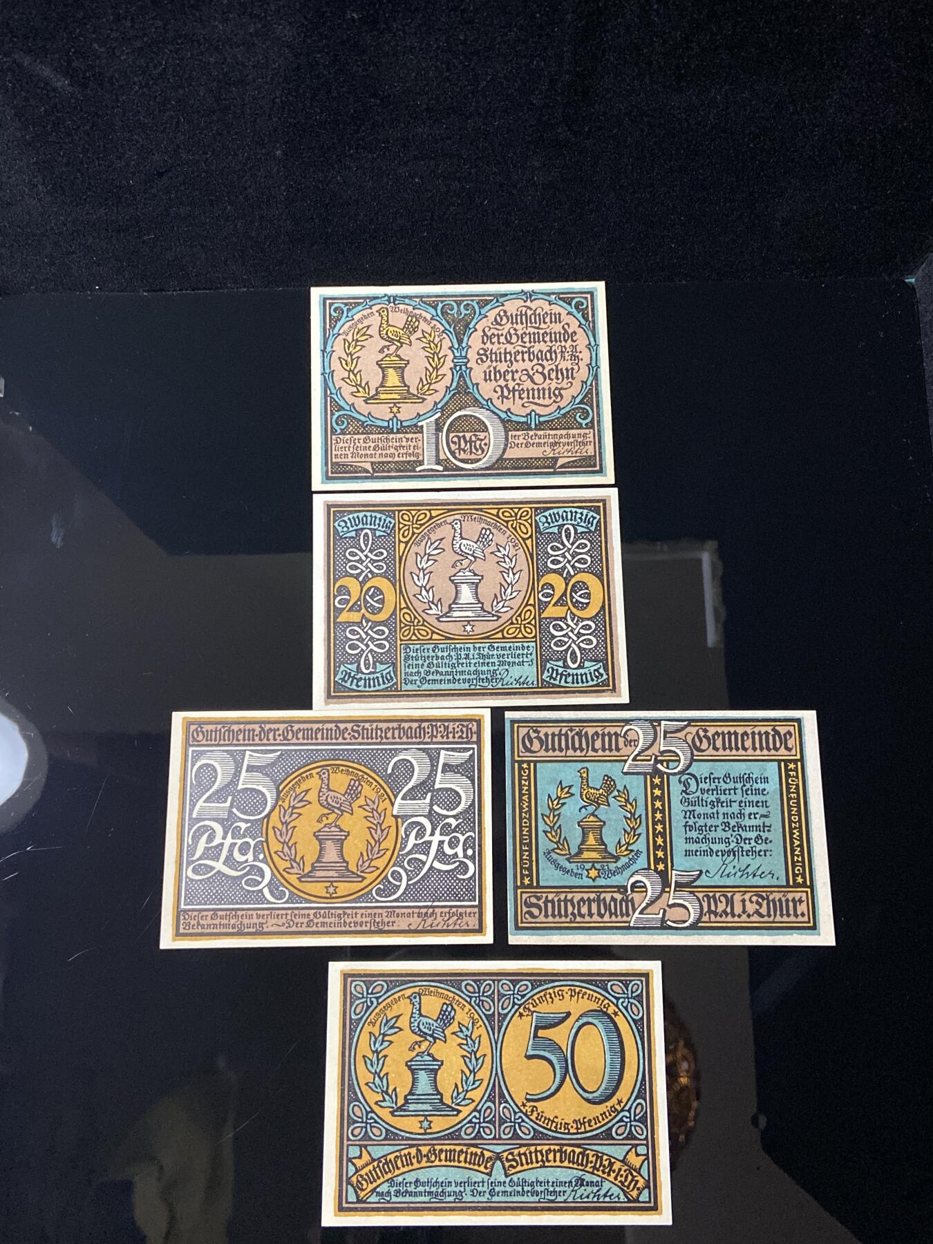 2026年第三十七场(总第二百零六场）德紧纸币特拍场(佣金3%，最低1元) 德紧纸币–德国图林根州斯陶特巴赫镇（Gemeinde Stutterbach/Stützerbach i. Thür.，Thür.为图林根Thüringen缩写）10、20、25、50芬妮五枚套票