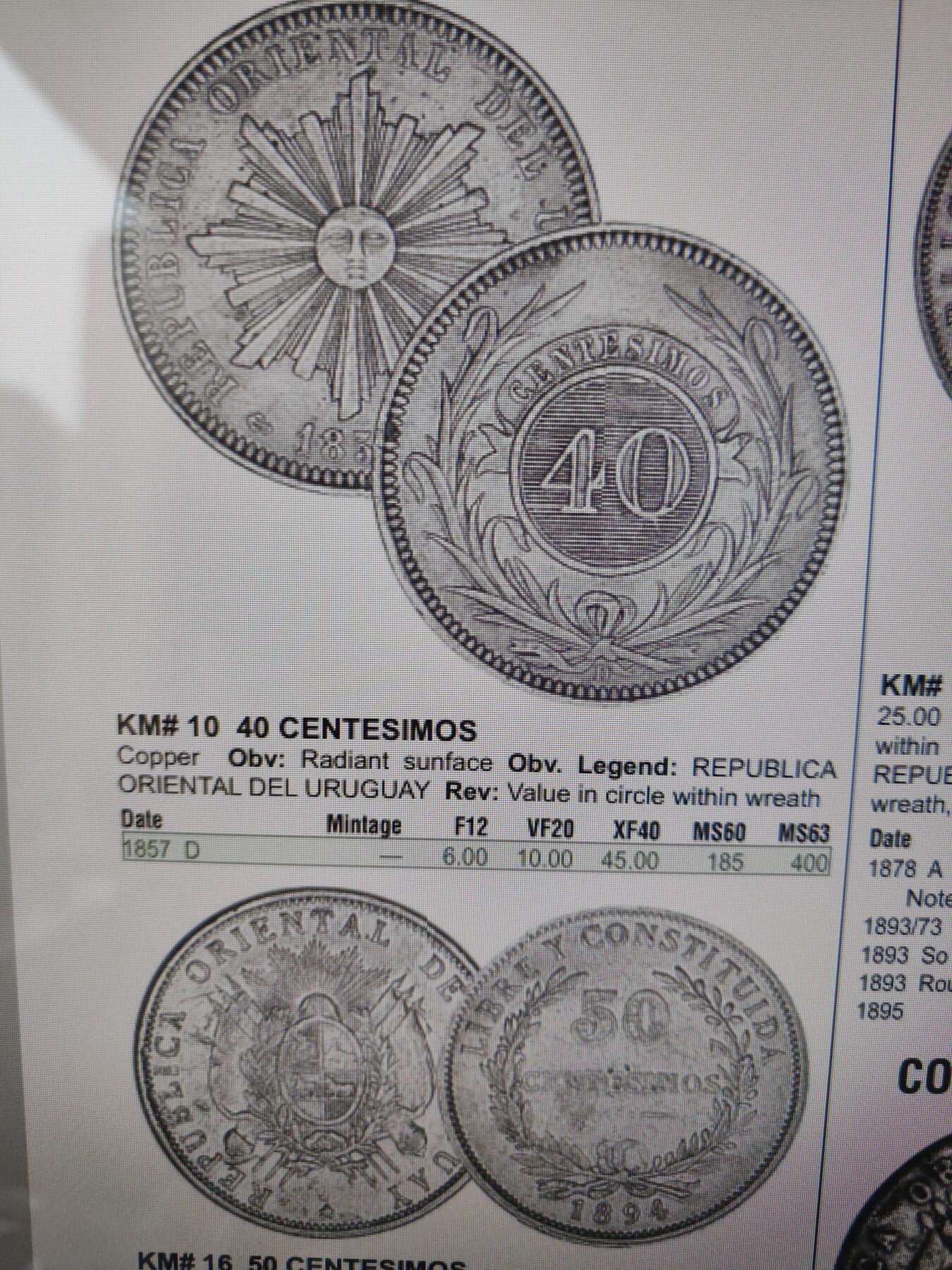 2026年第三十七场(总第二百零六场）德紧纸币特拍场(佣金3%，最低1元) 少见经典品种–乌拉圭🇺🇾1857单年份40分大铜币(第三版，D标法国里昂造)