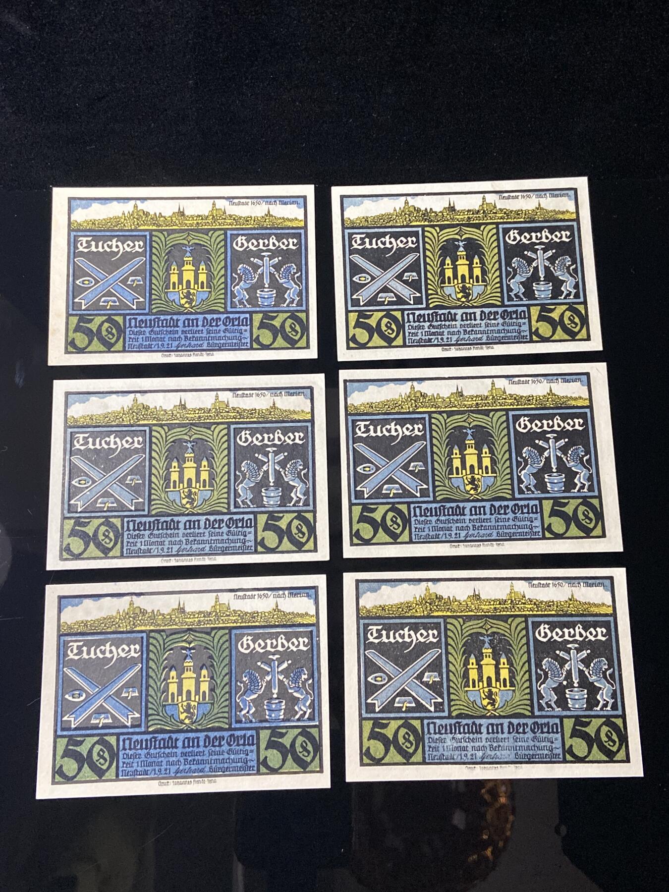 2026年第三十七场(总第二百零六场）德紧纸币特拍场(佣金3%，最低1元) 德紧纸币–德国图林根州奥尔拉河畔诺伊施塔特市（Neustadt an der Orla）50芬妮六枚套票