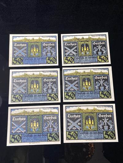 2026年第三十七场(总第二百零六场）德紧纸币特拍场(佣金3%，最低1元) - 德紧纸币–德国图林根州奥尔拉河畔诺伊施塔特市（Neustadt an der Orla）50芬妮六枚套票