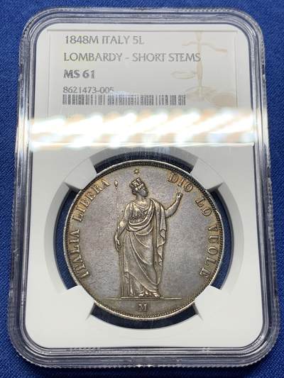 《竞宝斋》第473场 周日，周一 2场连拍 （全场包邮）欢迎送拍 - NGC MS61 意大利伦巴第威尼斯革命临时政府1848年5里拉大银币，超级漂亮的深彩包浆，出分非常不易，该品种足够自藏的分数。