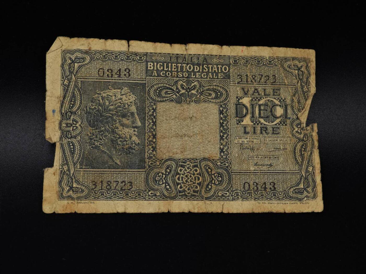  【淘币小摊】限时拍第八百八十四拍   纸币场    每周一统一发货 意大利1944年10里拉纸币【有折】