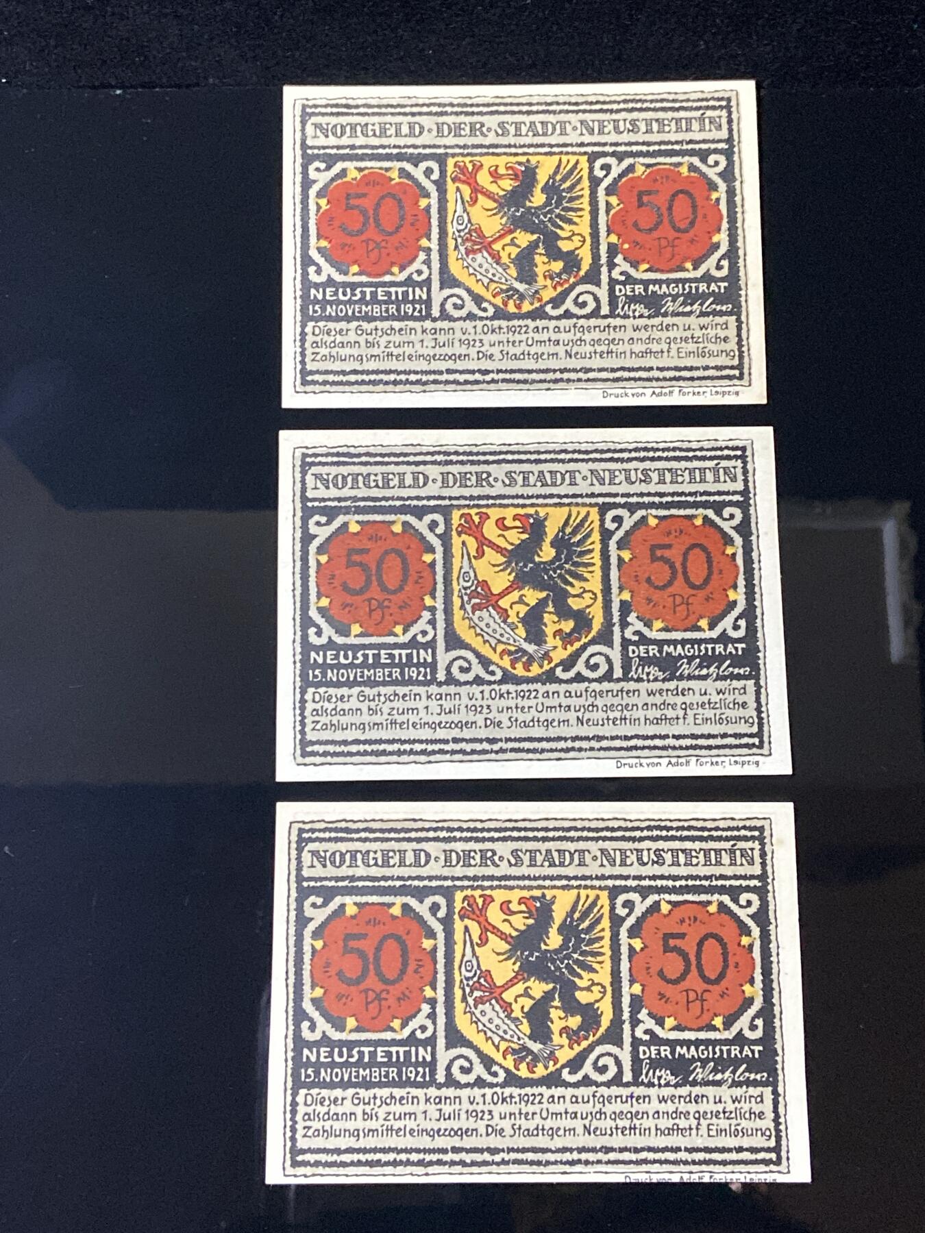 2026年第三十七场(总第二百零六场）德紧纸币特拍场(佣金3%，最低1元) 德紧纸币–德国波美拉尼亚州诺伊施泰廷市（Stadt Neustettin，今波兰什切青旧城 Szczecinek）50芬妮三枚套票