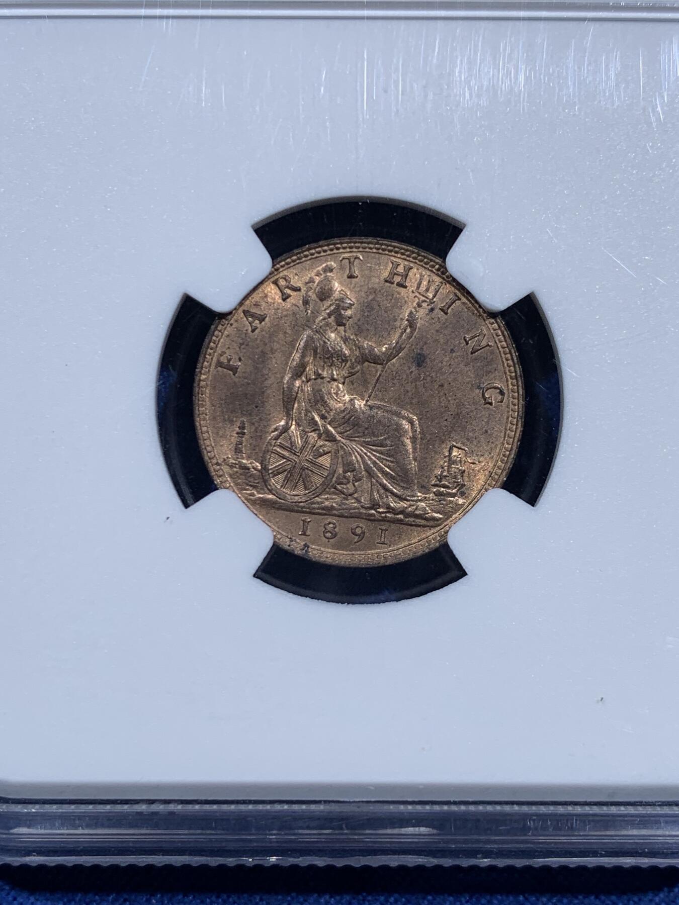 《竞宝斋》第473场 周日，周一 2场连拍 （全场包邮）欢迎送拍 NGC MS64RB 英国1891年 维多利亚1法新(1/4便士)铜币 铜光犹在 少见高分 同品类NGC更高评分仅3枚