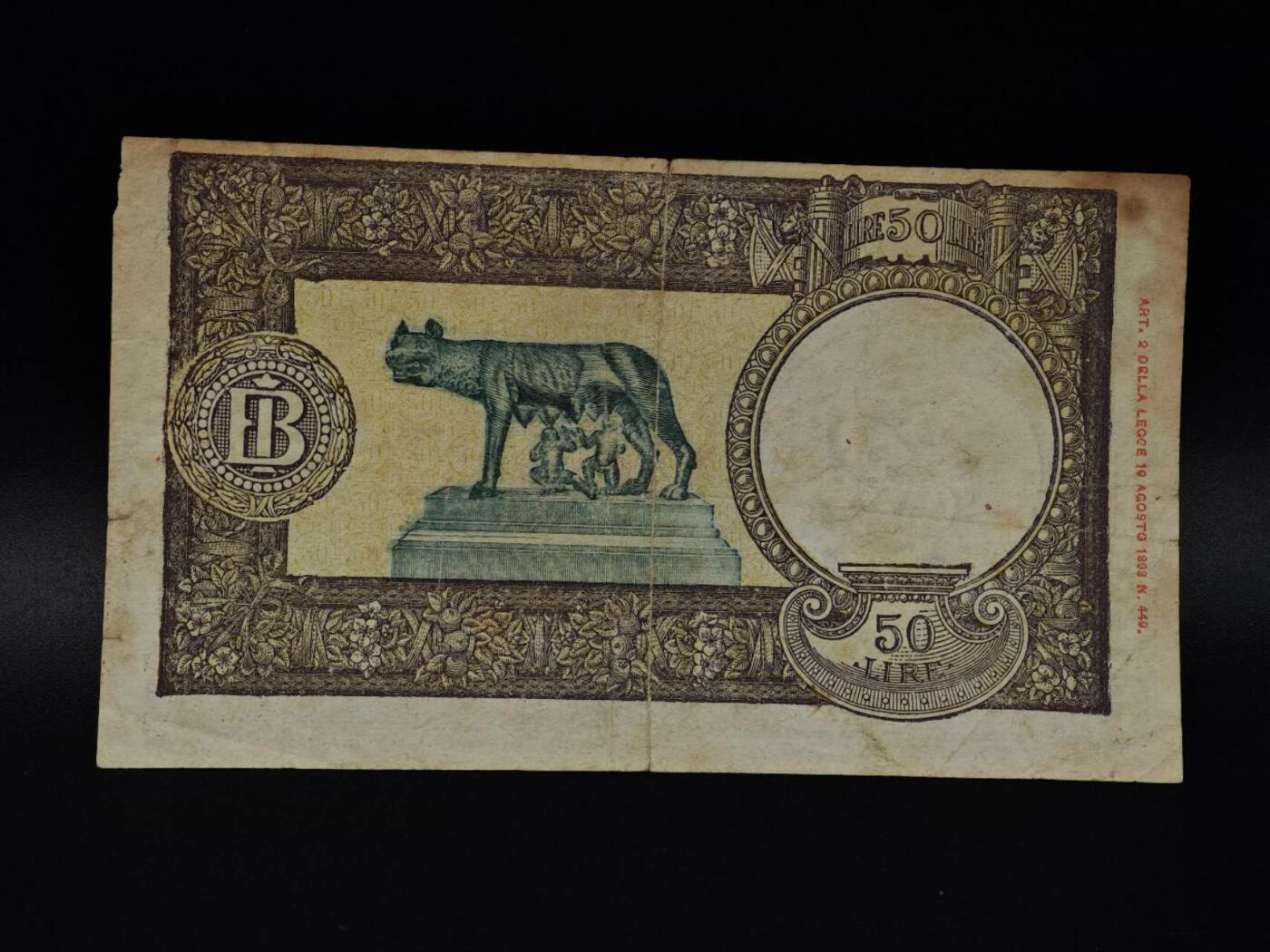  【淘币小摊】限时拍第八百八十四拍   纸币场    每周一统一发货 意大利1944年50里拉纸币【有折】