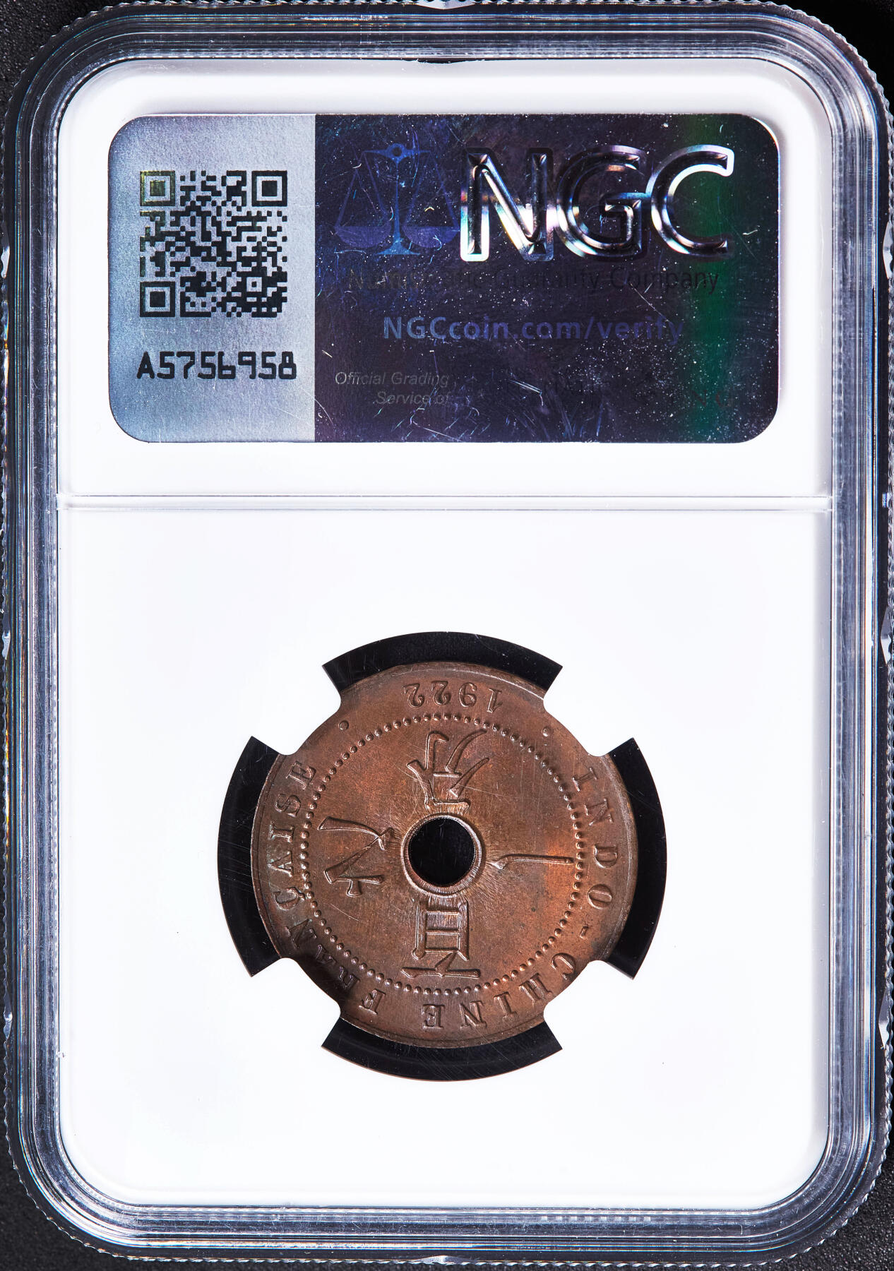 【俄甄集藏】2026年(050)04-01星期三 晚 19:30 全场包邮 法属印度支那1922年A版中孔百分之一（1分）铜币，NGC MS63，铸纹清晰，转光品相