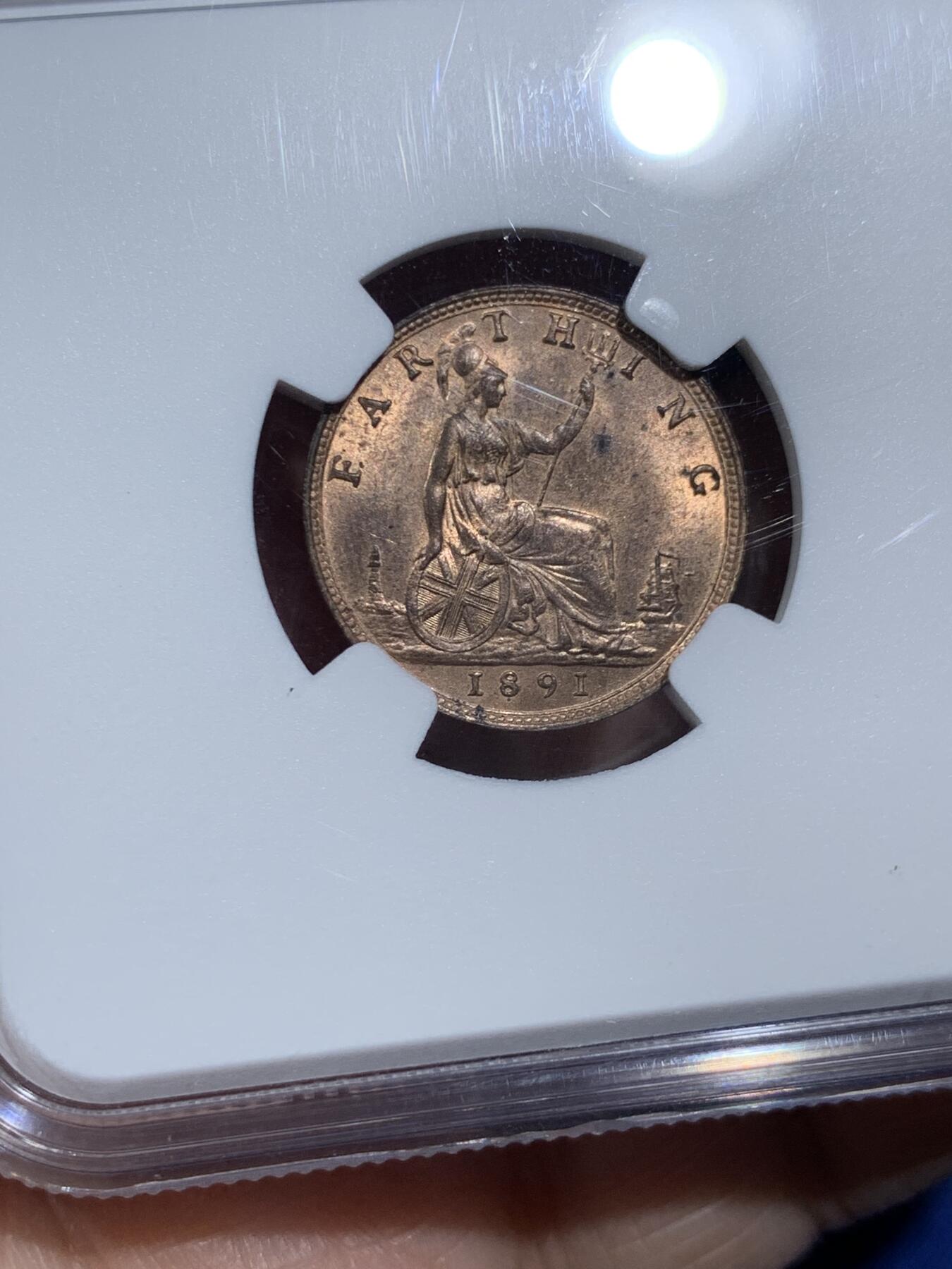 《竞宝斋》第473场 周日，周一 2场连拍 （全场包邮）欢迎送拍 NGC MS64RB 英国1891年 维多利亚1法新(1/4便士)铜币 铜光犹在 少见高分 同品类NGC更高评分仅3枚