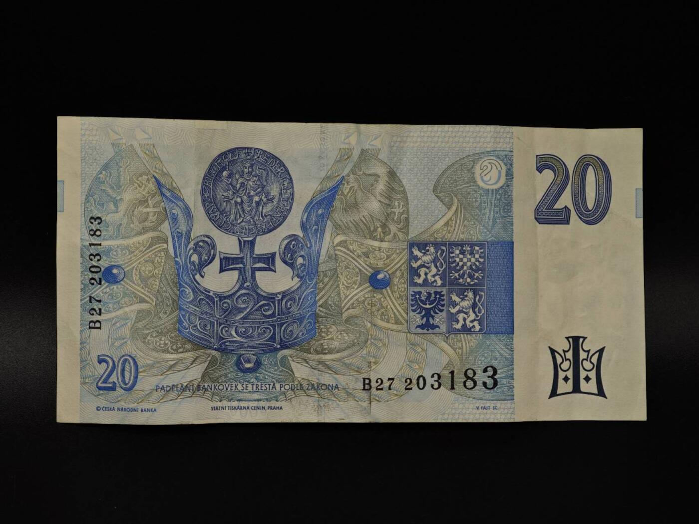  【淘币小摊】限时拍第八百八十四拍   纸币场    每周一统一发货 捷克20克朗纸币【有折】