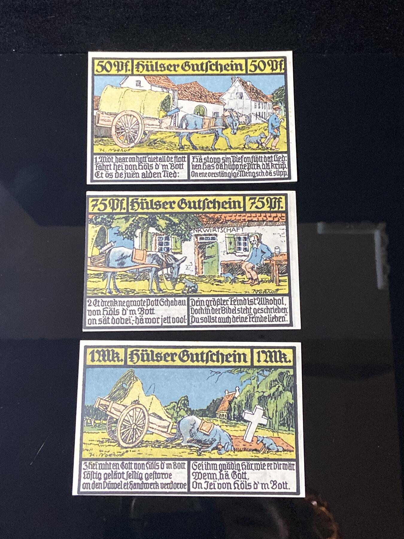 2026年第三十七场(总第二百零六场）德紧纸币特拍场(佣金3%，最低1元) 德紧纸币–德国希尔瑟（Hülser，今德国北莱茵-威斯特法伦州希尔瑟区）50、75芬妮、1马克三枚套票