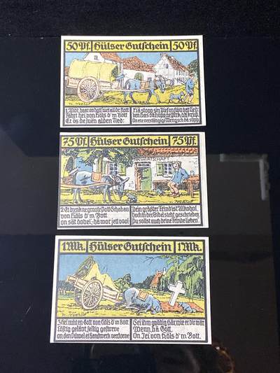 2026年第三十七场(总第二百零六场）德紧纸币特拍场(佣金3%，最低1元) - 德紧纸币–德国希尔瑟（Hülser，今德国北莱茵-威斯特法伦州希尔瑟区）50、75芬妮、1马克三枚套票