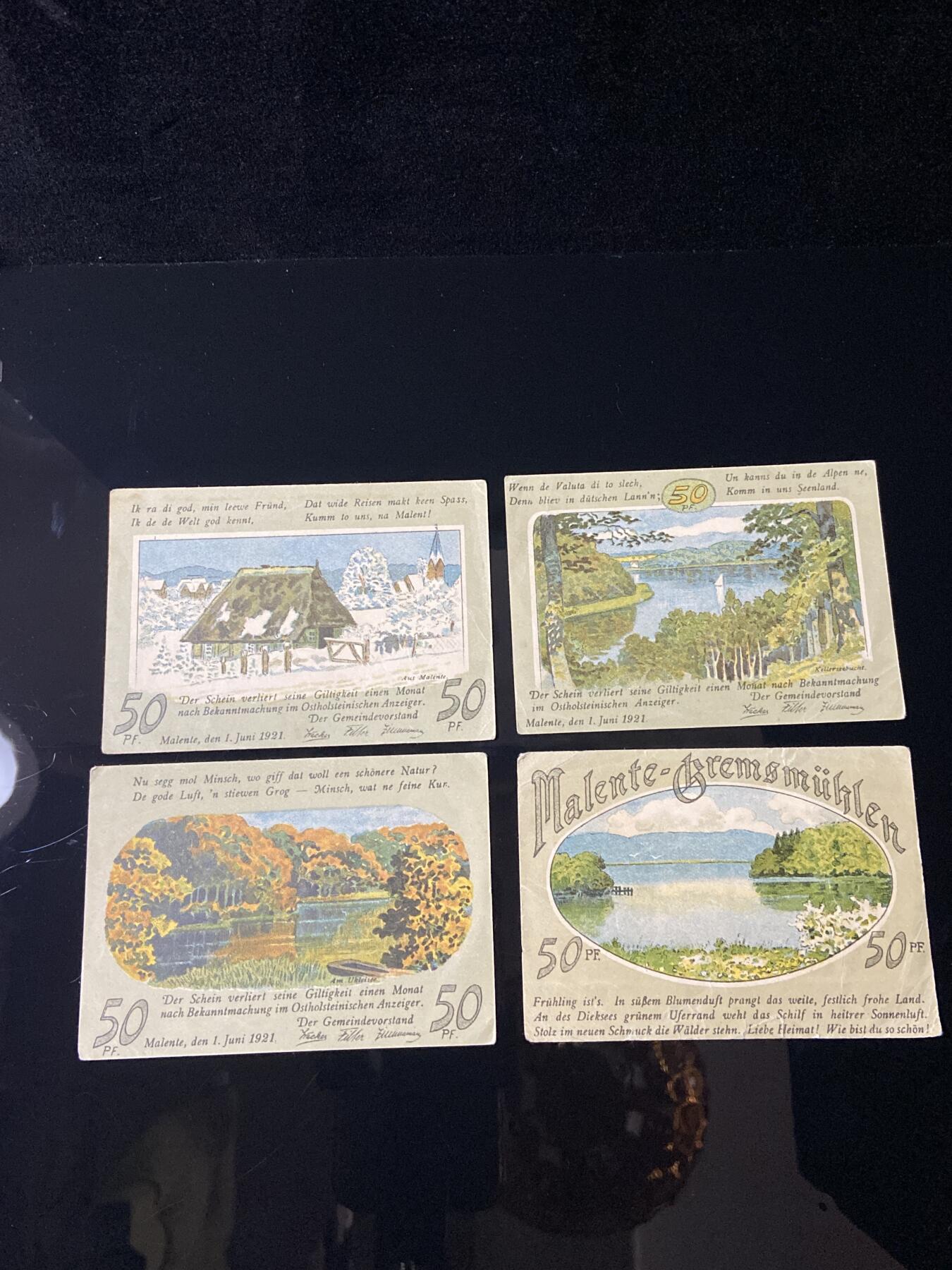 2026年第三十七场(总第二百零六场）德紧纸币特拍场(佣金3%，最低1元) 德紧纸币–德国石勒苏益格-荷尔斯泰因州马伦特-格雷姆斯米伦市（Malente-Gremsmühlen）50芬妮四枚套票