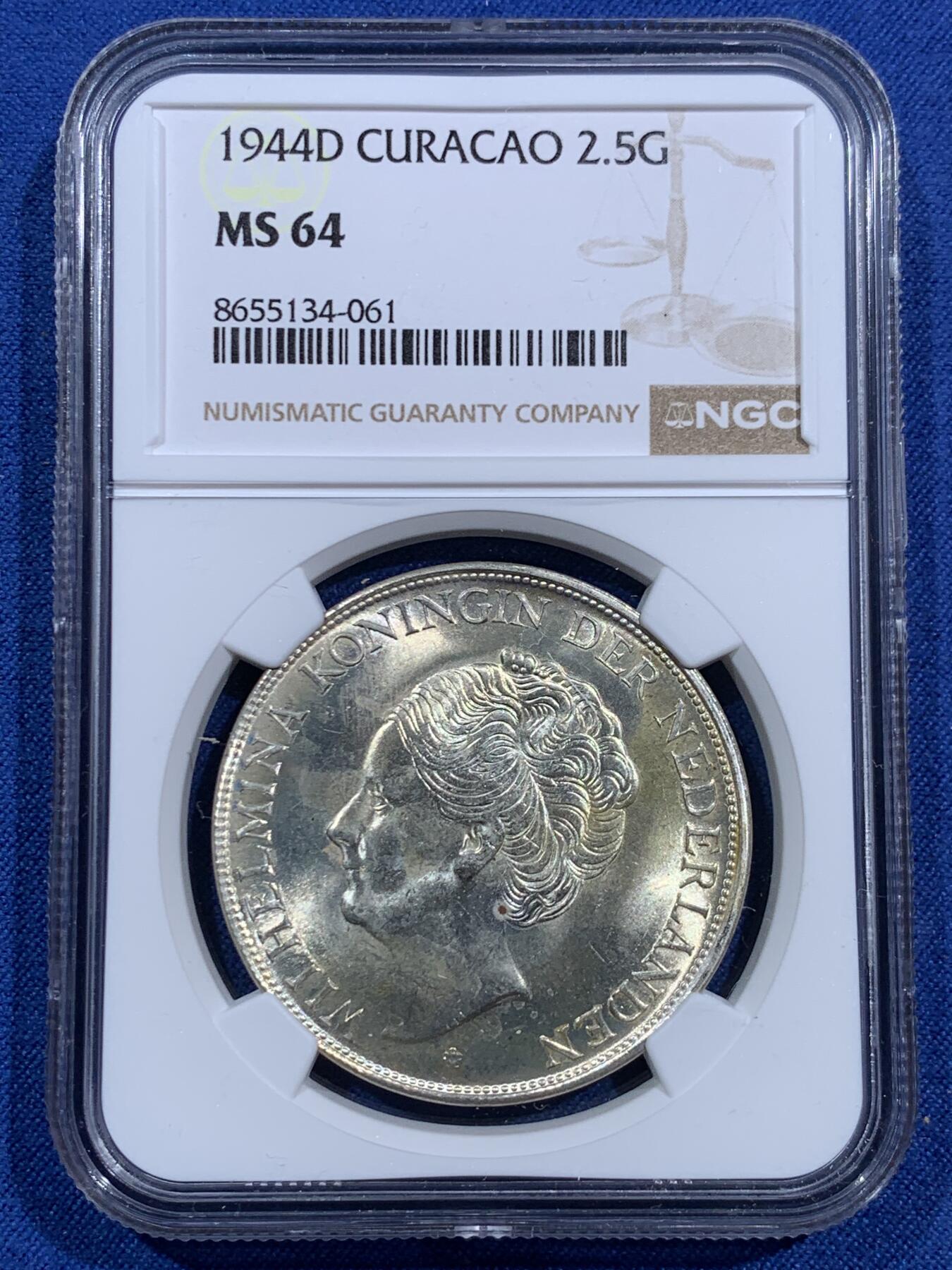 《竞宝斋》第473场 周日，周一 2场连拍 （全场包邮）欢迎送拍 NGC MS64 荷属库拉索1944D威廉明娜2.5盾银币 BU曝光状态 整体观感清晰