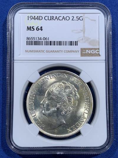 《竞宝斋》第473场 周日，周一 2场连拍 （全场包邮）欢迎送拍 - NGC MS64 荷属库拉索1944D威廉明娜2.5盾银币 BU曝光状态 整体观感清晰