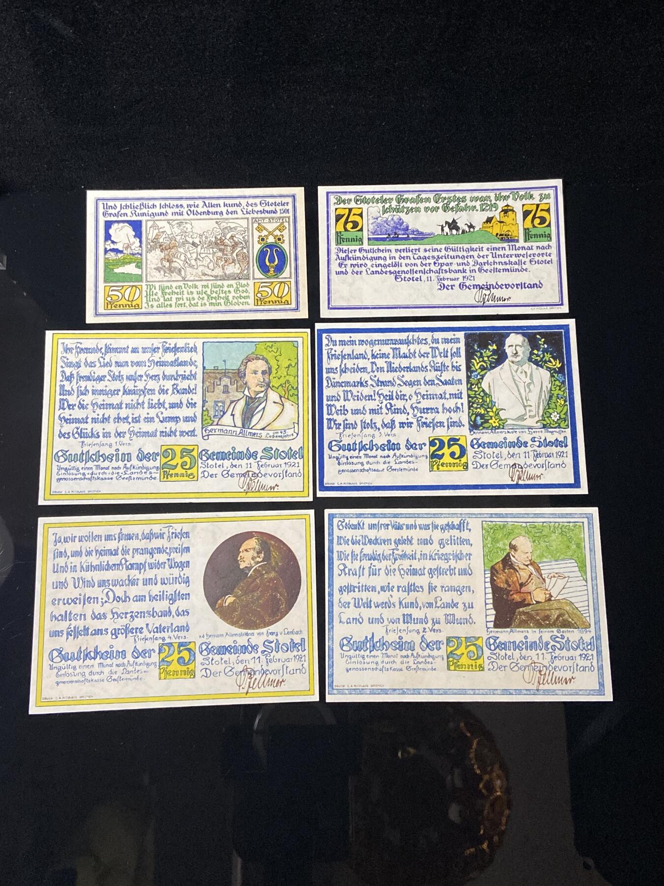 2026年第三十七场(总第二百零六场）德紧纸币特拍场(佣金3%，最低1元) 德紧纸币–德国石勒苏益格-荷尔斯泰因州施托特尔镇（Gemeinde Stotel）25、50、75芬妮六枚套票