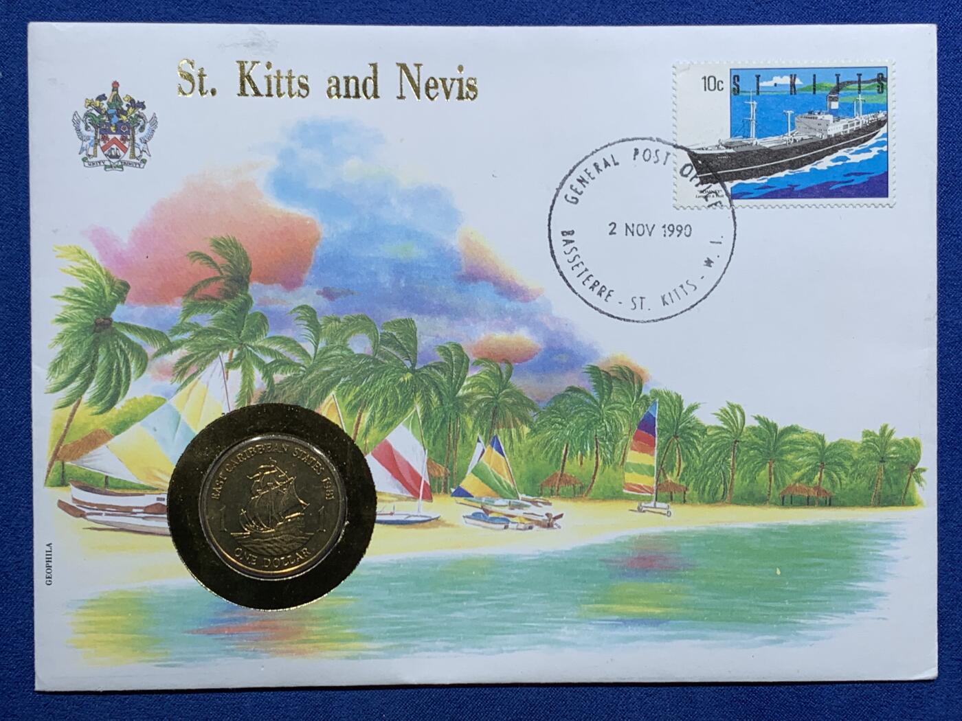 《竞宝斋》第473场 周日，周一 2场连拍 （全场包邮）欢迎送拍 圣基茨和尼维斯1990年邮币封 带一枚1981年1元