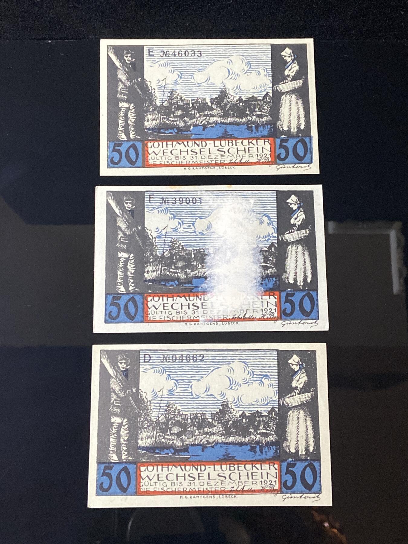 2026年第三十七场(总第二百零六场）德紧纸币特拍场(佣金3%，最低1元) 德紧纸币–德国石勒苏益格-荷尔斯泰因州吕贝克地区哥德蒙德渔业协会（Die Fischermeister，渔业主协会）50芬妮三枚套票