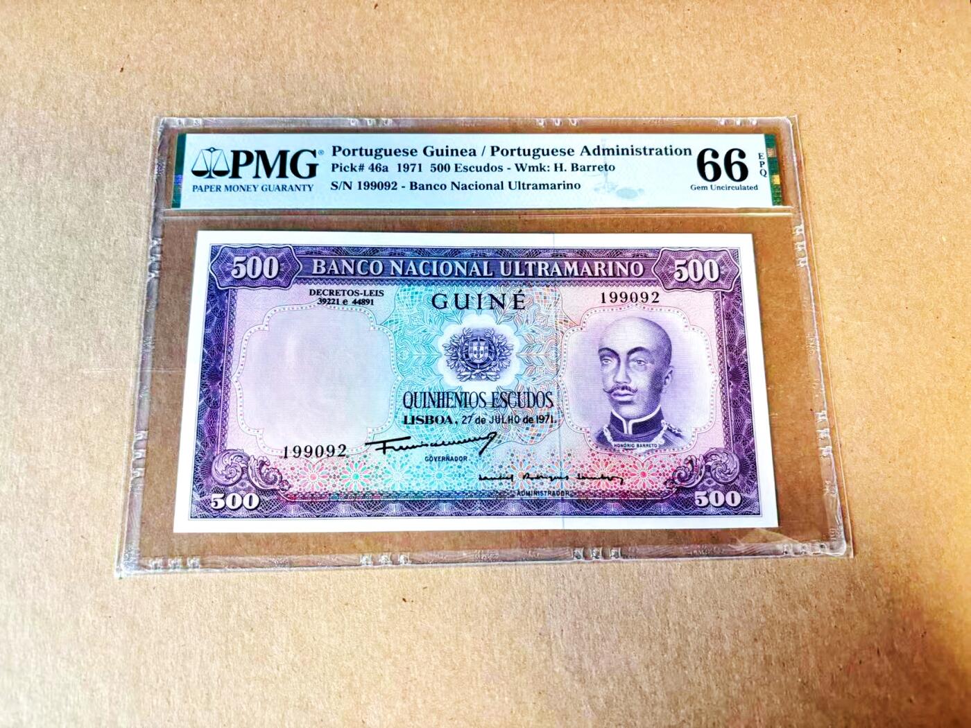 【Blue Auction】世界纸币精拍第798期——18级TOP拍卖/信誉/品质/专业/高效💫 【亚军分 无47】葡属几内亚 1971年500埃斯库多 BWC出品雕刻精美 人物为霍里奥·巴雷托 背面经典场景 PMG66EPQ