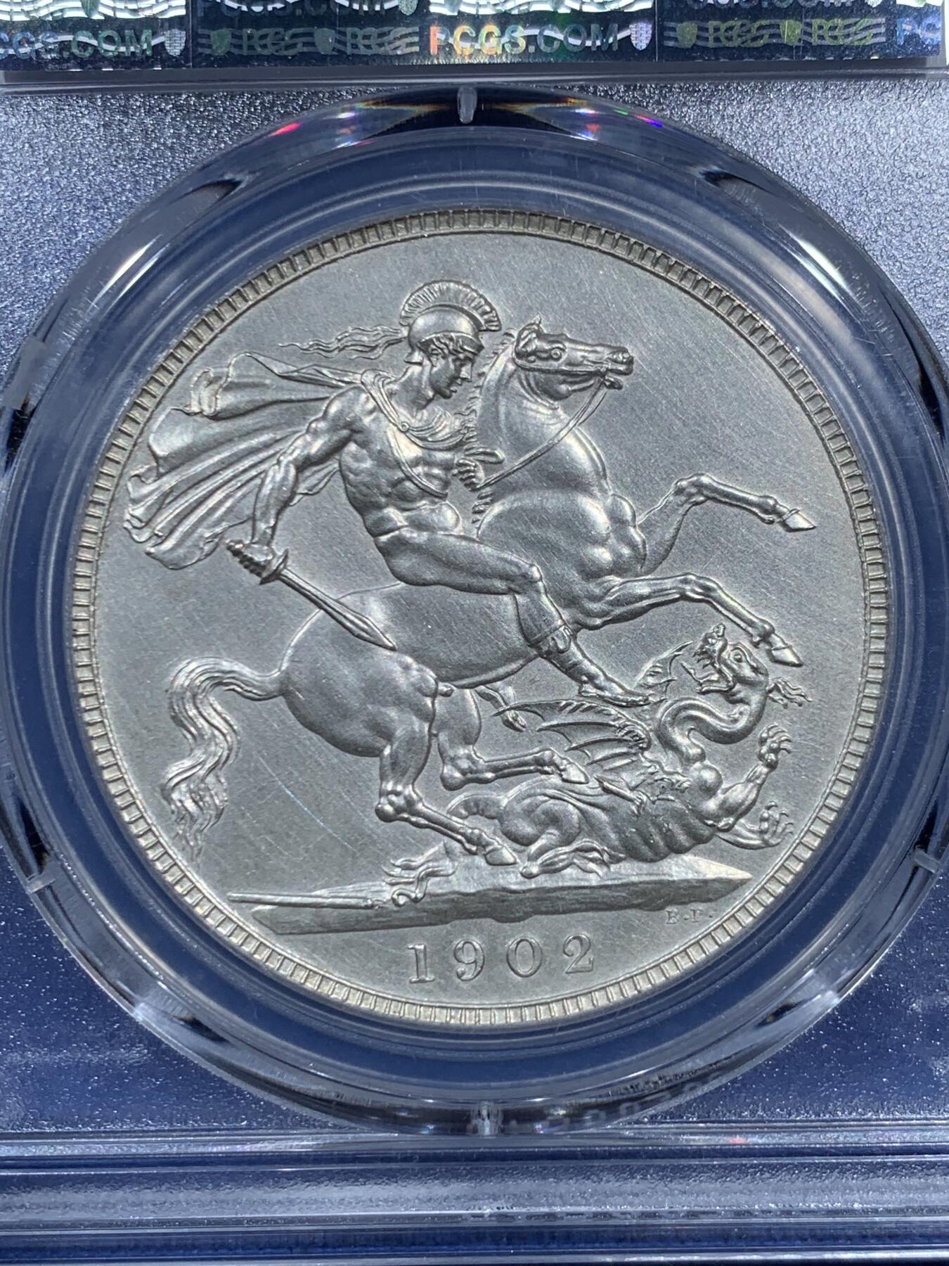 《竞宝斋》第473场 周日，周一 2场连拍 （全场包邮）欢迎送拍 PCGS PR63 英国1902年爱德华七世马剑克朗银币 极好的状态 新换的盒子