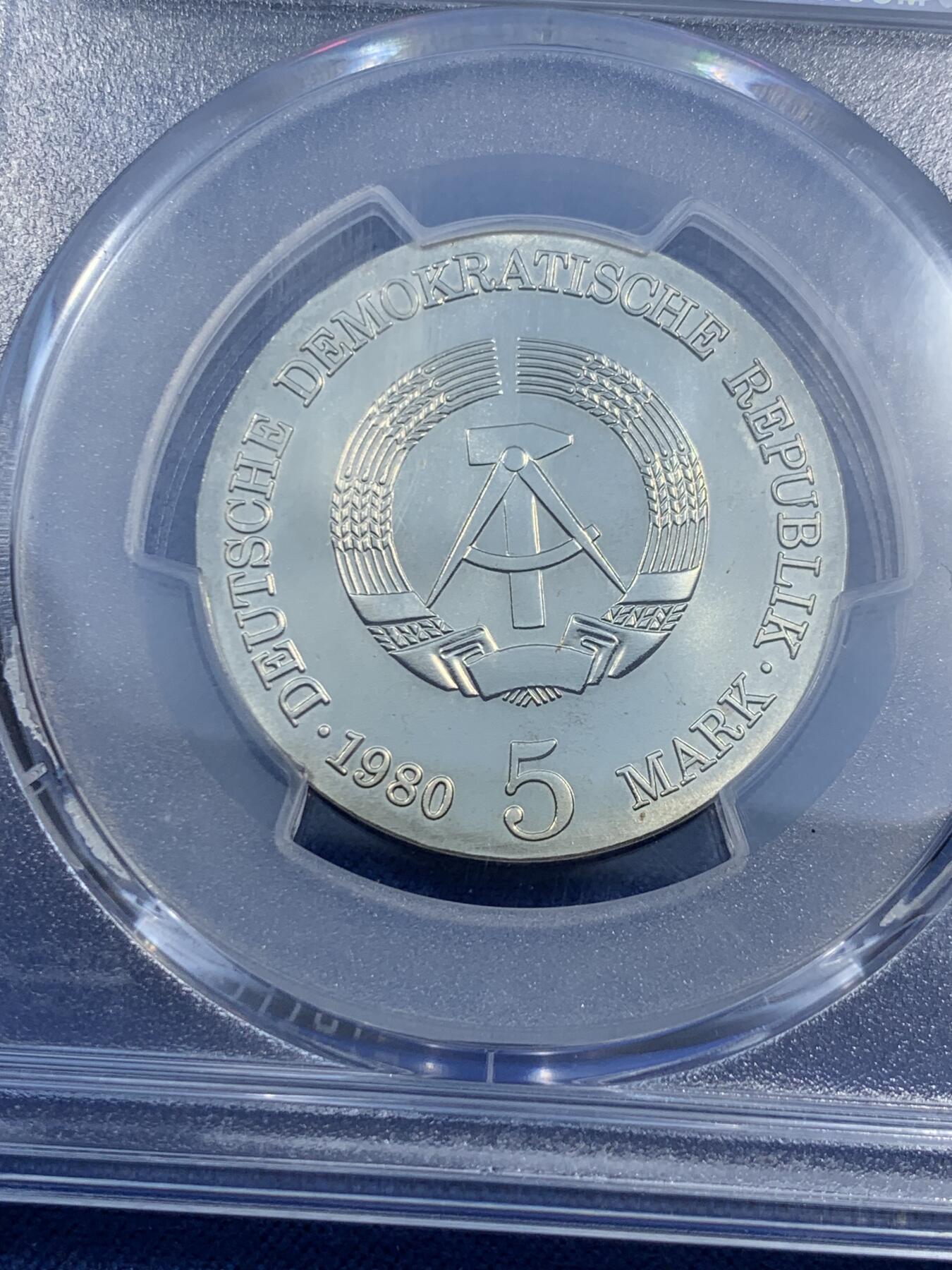 《竞宝斋》第473场 周日，周一 2场连拍 （全场包邮）欢迎送拍 PCGS MS64 东德1980年5马克纪念币 画家阿道夫·冯·门泽尔逝世75周年纪念