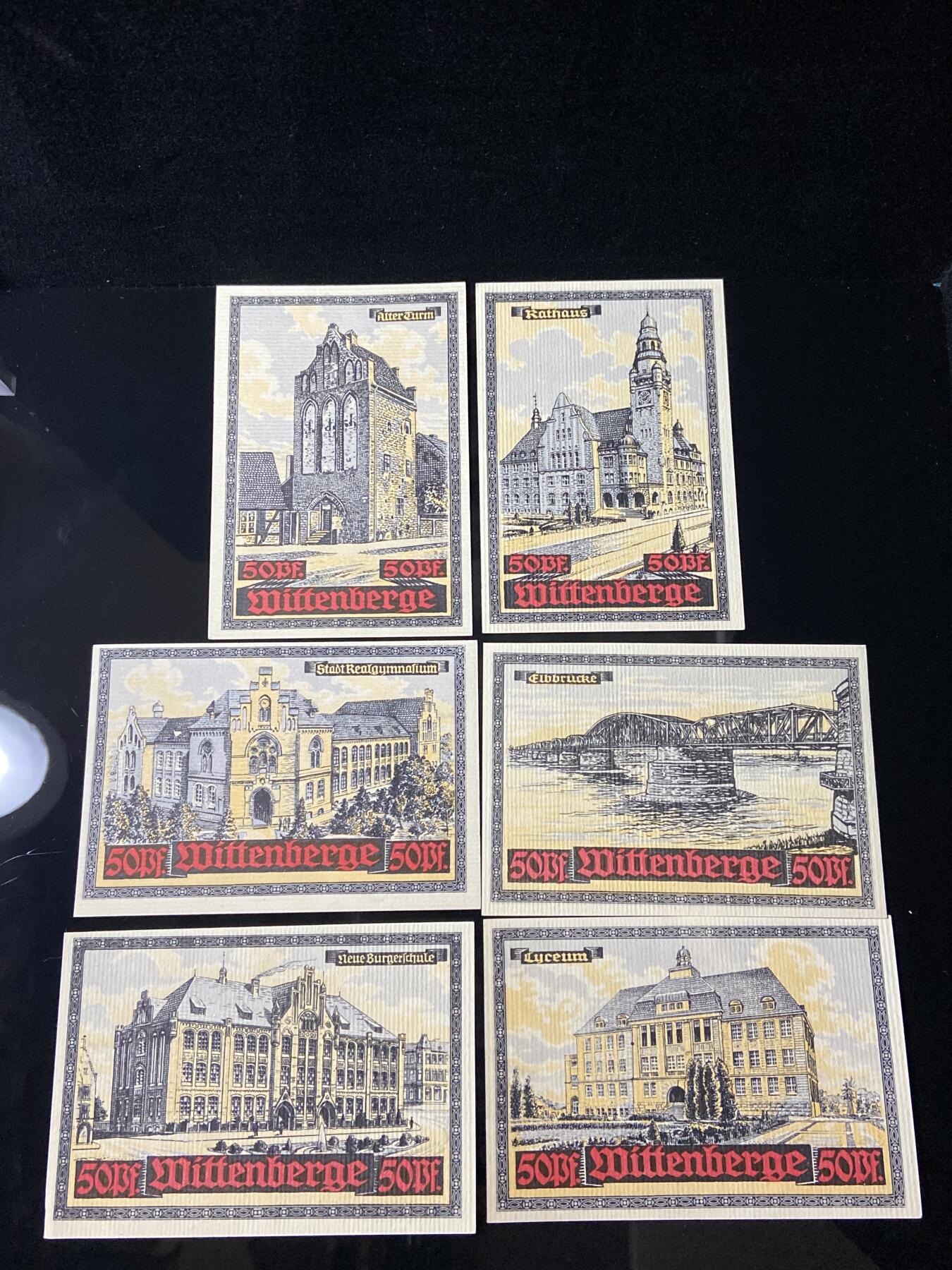 2026年第三十七场(总第二百零六场）德紧纸币特拍场(佣金3%，最低1元) 德紧纸币–德国萨克森-安哈尔特州维滕贝格市（Wittenberge），纸币底部标注 Wittenberge，50芬妮六枚套票