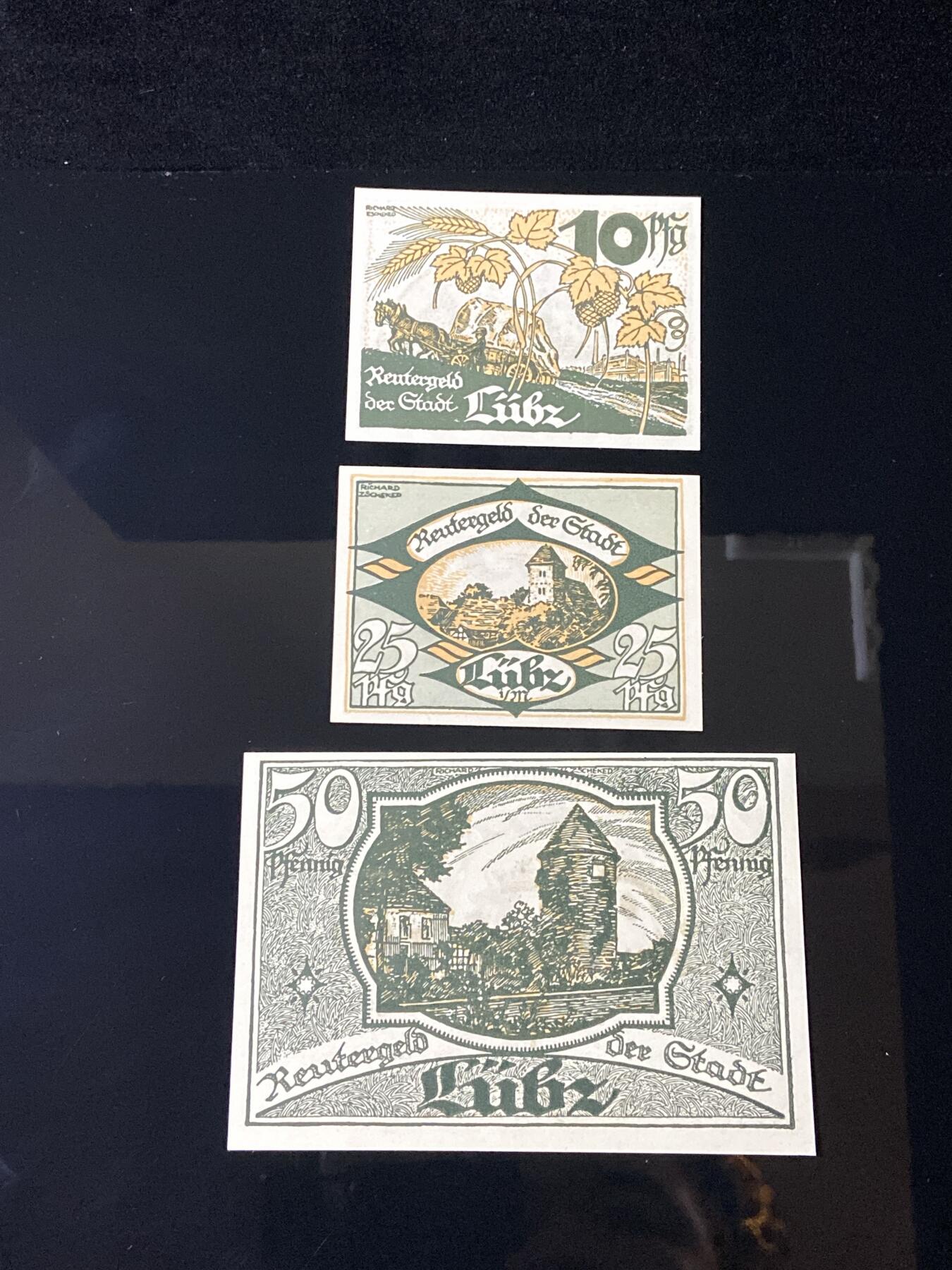 2026年第三十七场(总第二百零六场）德紧纸币特拍场(佣金3%，最低1元) 德紧纸币–德国梅克伦堡-前波美拉尼亚州吕布茨市（Stadt Lübz，标注  Lübz  为方言/旧称拼写）10、25、50芬妮三枚套票