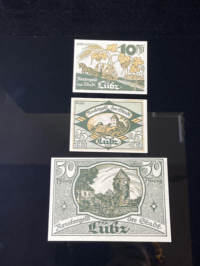 2026年第三十七场(总第二百零六场）德紧纸币特拍场(佣金3%，最低1元) - 德紧纸币–德国梅克伦堡-前波美拉尼亚州吕布茨市（Stadt Lübz，标注  Lübz  为方言/旧称拼写）10、25、50芬妮三枚套票