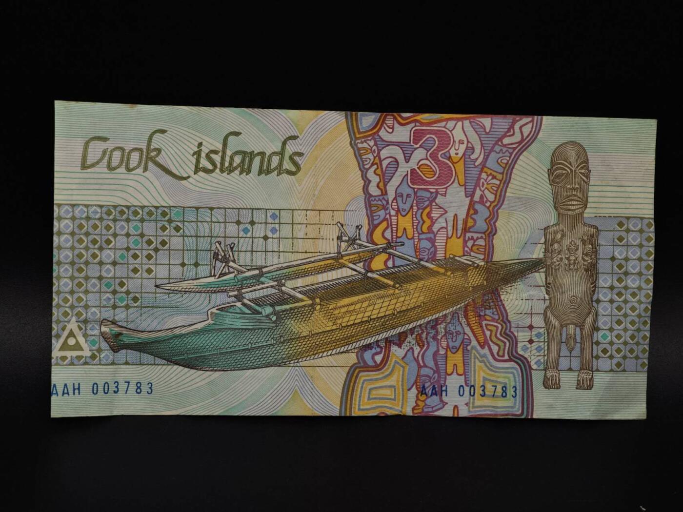  【淘币小摊】限时拍第八百八十四拍   纸币场    每周一统一发货 库克群岛3元纸币【有折】