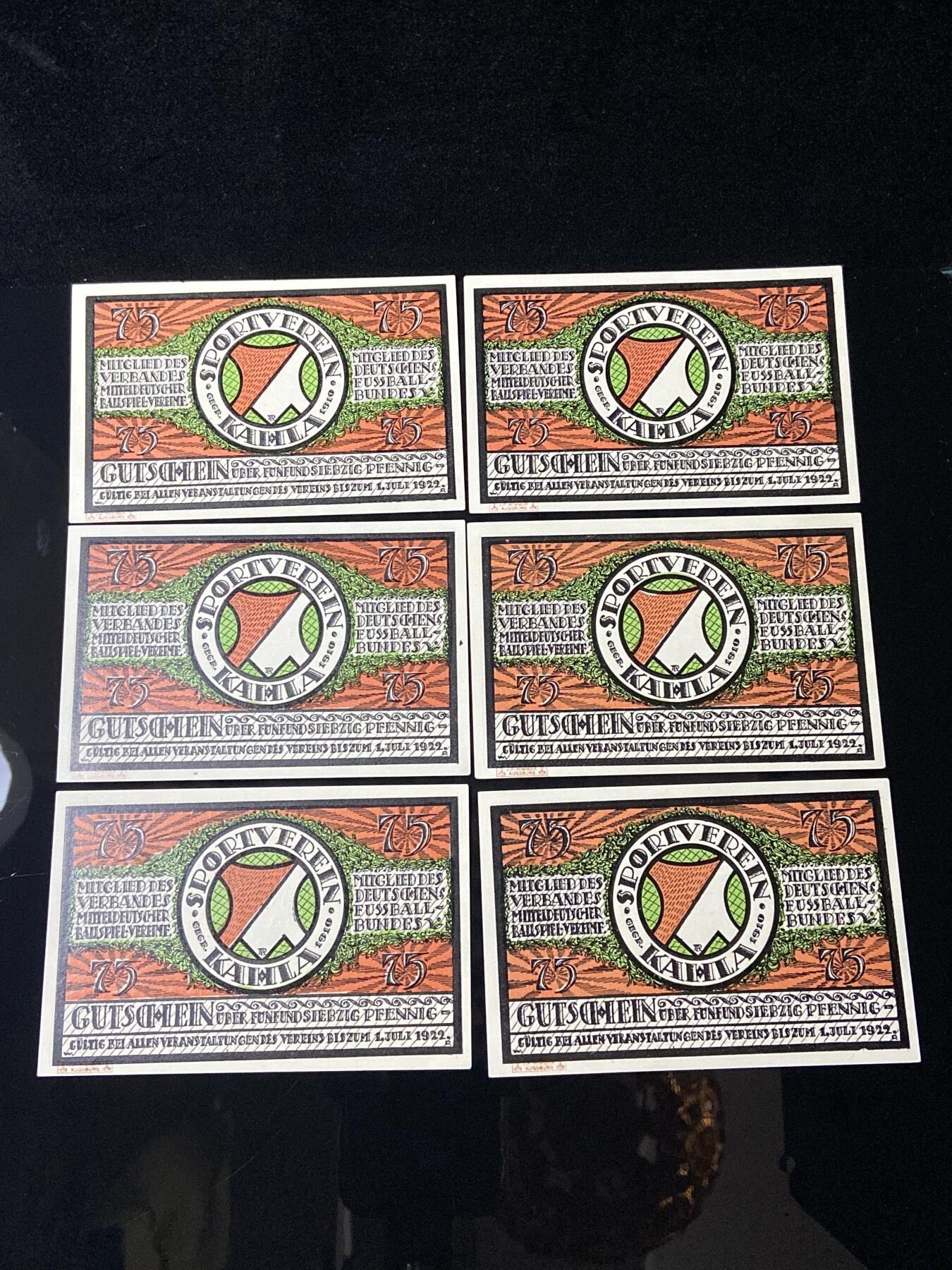 2026年第三十七场(总第二百零六场）德紧纸币特拍场(佣金3%，最低1元) 罕见德紧纸币–德国卡姆拉体育俱乐部（Sportverein KAMMLA)75芬妮六枚套票