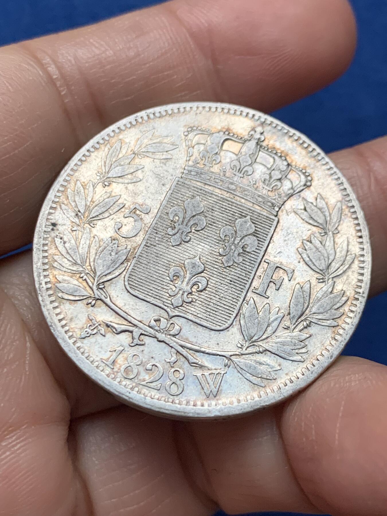 《竞宝斋》第473场 周日，周一 2场连拍 （全场包邮）欢迎送拍 法国1828年W版查理十世5法郎大银币，里尔造币厂