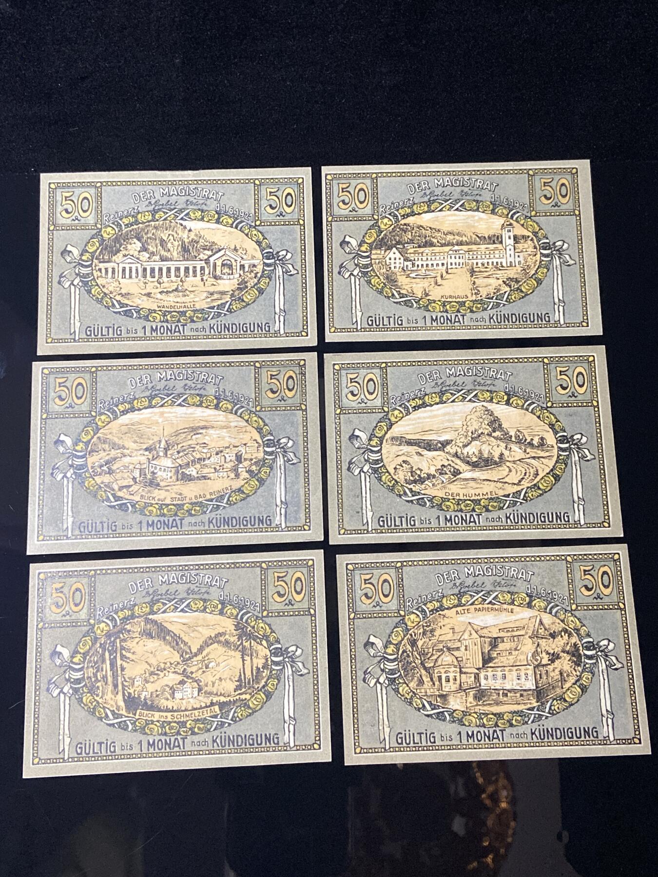 2026年第三十七场(总第二百零六场）德紧纸币特拍场(佣金3%，最低1元) 德紧纸币–德国西里西亚省巴德莱纳茨温泉镇（Bad Reinerz，今波兰杜什尼基-兹德鲁伊Duszniki-Zdrój）50芬妮六枚套票