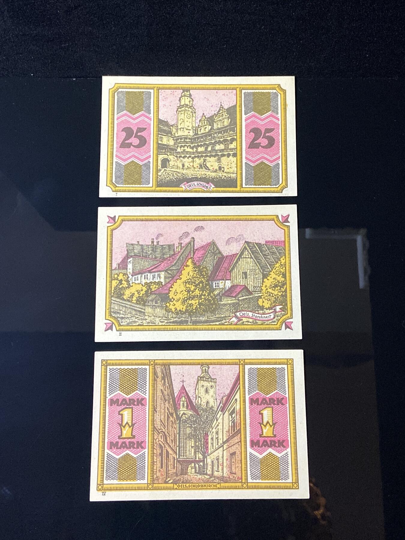 2026年第三十七场(总第二百零六场）德紧纸币特拍场(佣金3%，最低1元) 德紧纸币–德国上西里西亚奥尔斯市（Stadt Oels in Schlesien，今波兰奥莱希尼察 Oleśnica）25、50、100芬妮三枚套票