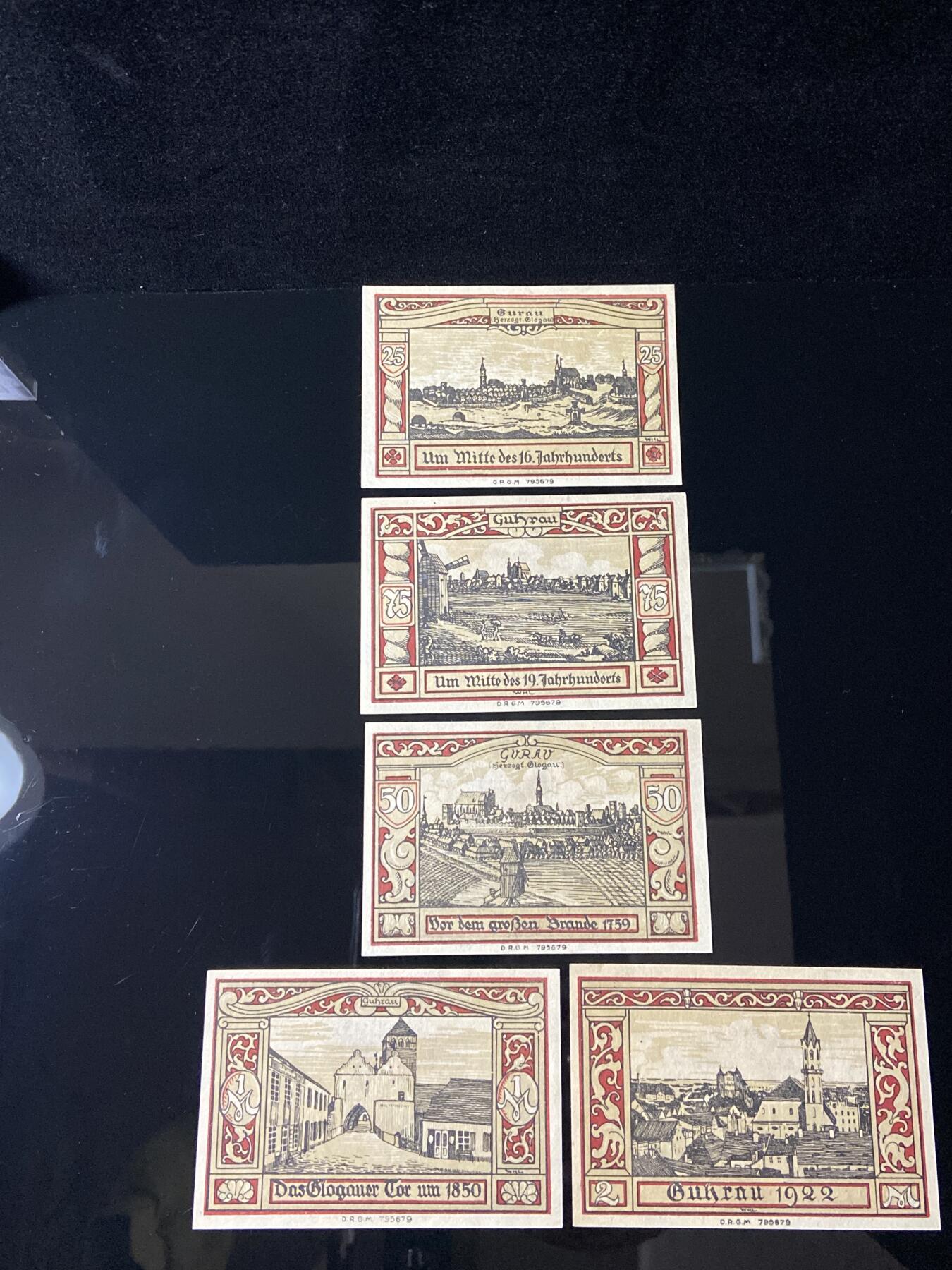 2026年第三十七场(总第二百零六场）德紧纸币特拍场(佣金3%，最低1元) 德紧纸币–德国西里西亚省古克劳市（Guhrau，今波兰古拉瓦Góra）25、50、75芬妮，1、2马克五枚套票