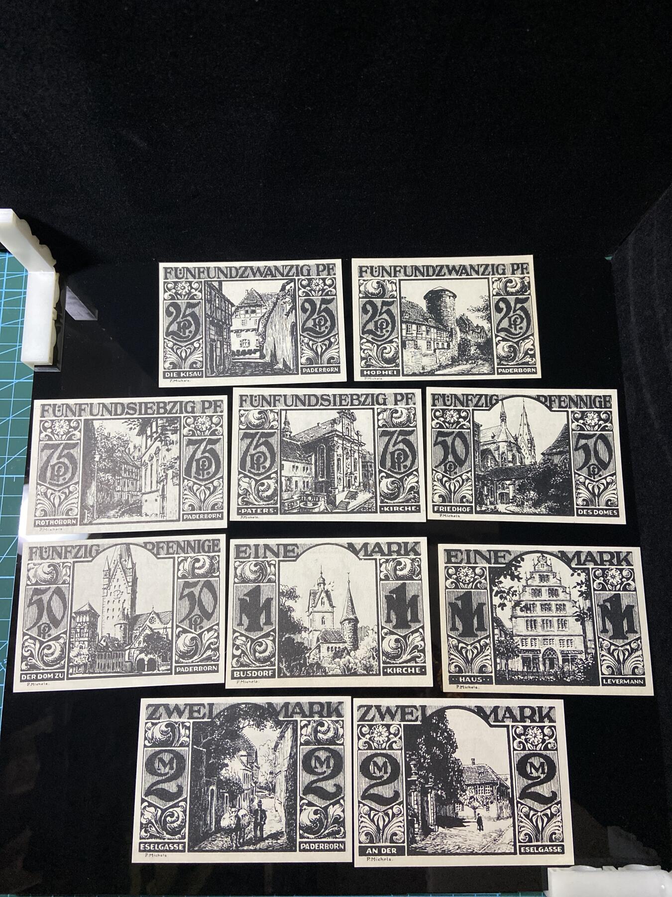 2026年第三十七场(总第二百零六场）德紧纸币特拍场(佣金3%，最低1元) 德紧纸币–德国北莱茵-威斯特法伦州帕德博恩市（Paderborn）25、50、75芬妮，1、2马克十枚套票