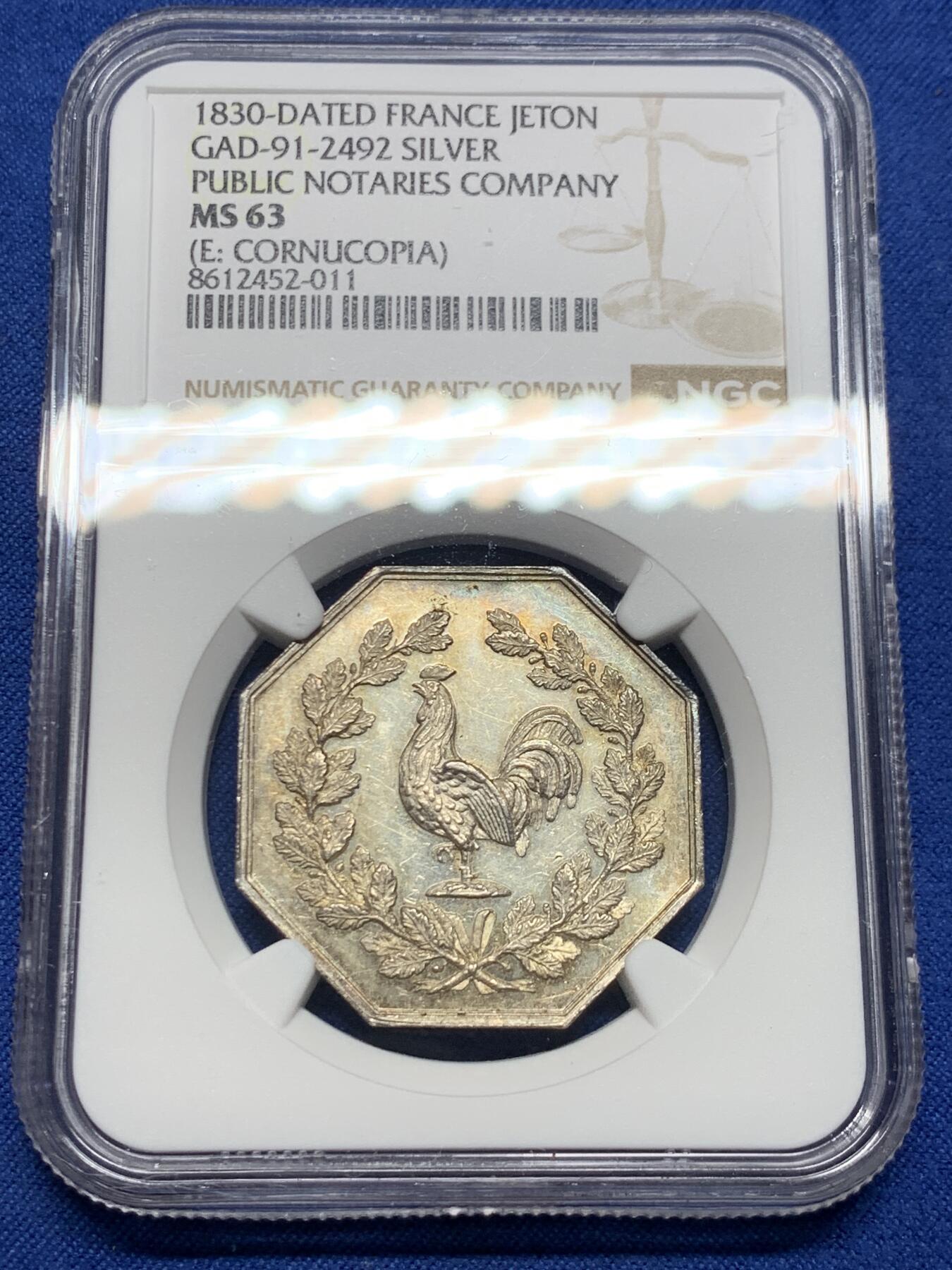 《竞宝斋》第473场 周日，周一 2场连拍 （全场包邮）欢迎送拍 NGC MS63 法国1830年公证人协会银质八角代币，少见款，正面图案为高卢雄鸡，象征法国的国家精神。
