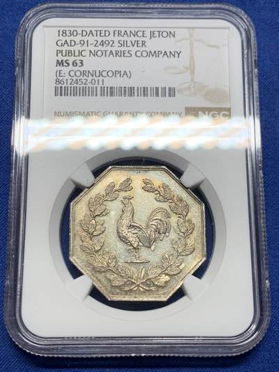 《竞宝斋》第473场 周日，周一 2场连拍 （全场包邮）欢迎送拍 - NGC MS63 法国1830年公证人协会银质八角代币，少见款，正面图案为高卢雄鸡，象征法国的国家精神。