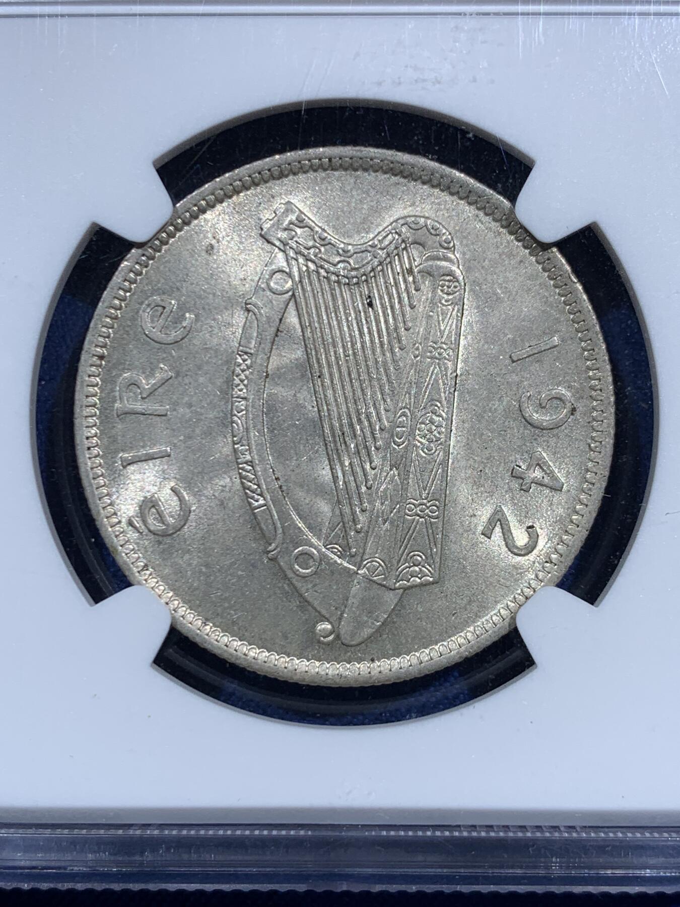 《竞宝斋》第473场 周日，周一 2场连拍 （全场包邮）欢迎送拍 NGC AU58 爱尔兰1942年半克朗银币 最大面值