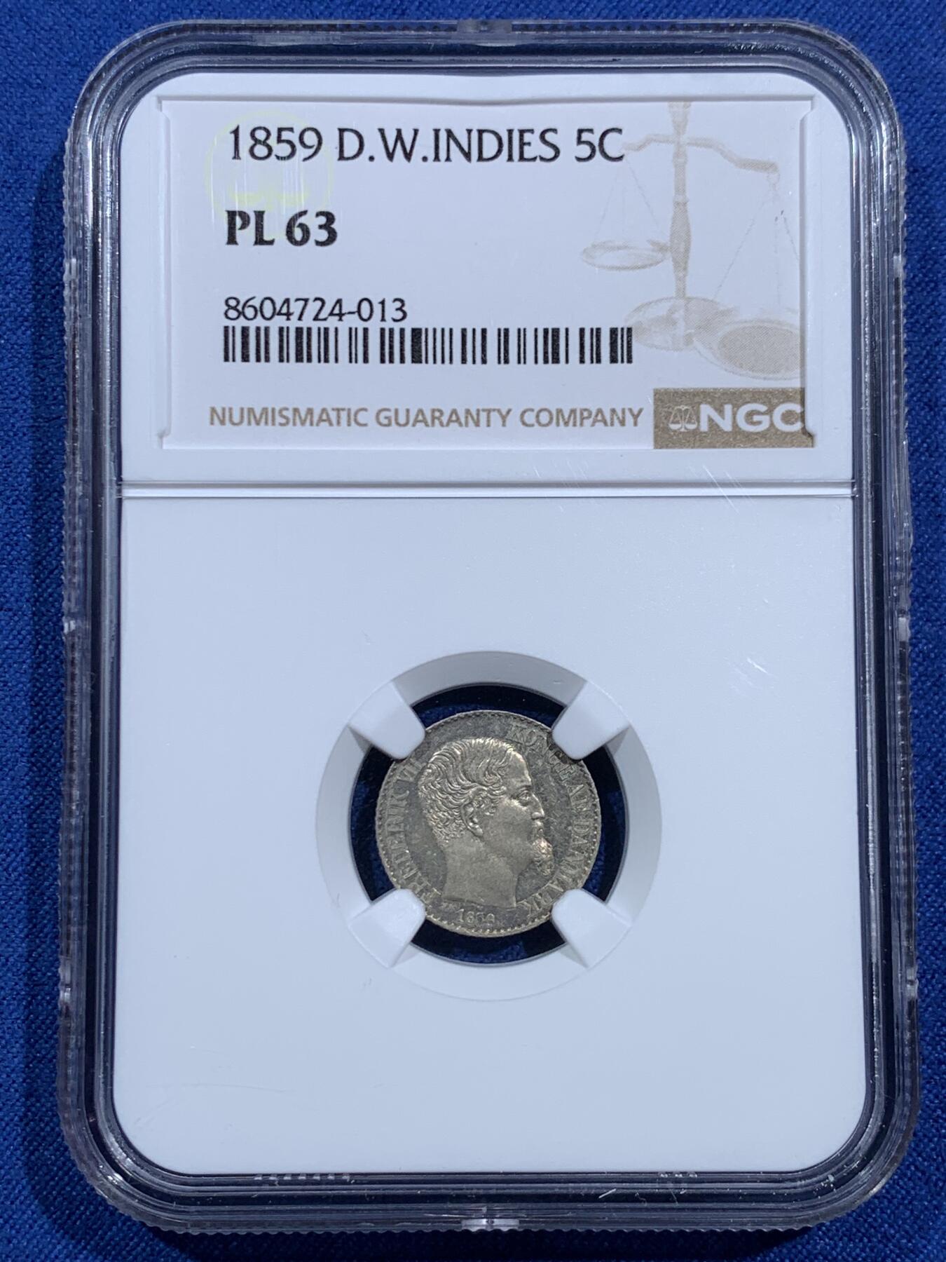 《竞宝斋》第473场 周日，周一 2场连拍 （全场包邮）欢迎送拍 NGC PL63 丹属西印度群岛 1859年  腓特烈七世 5分银币 目录标注发行量仅10枚 PL版本