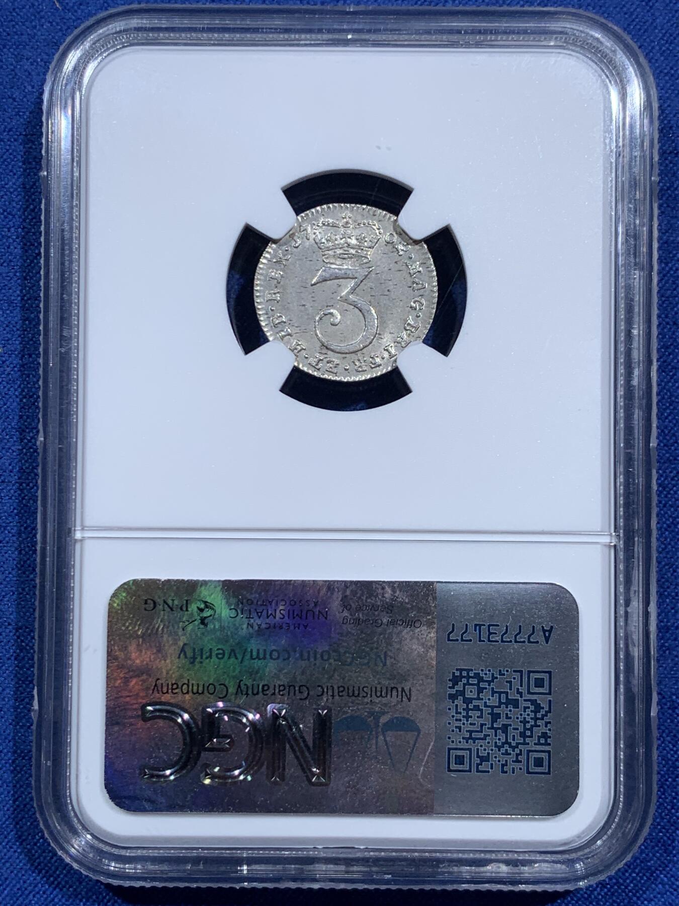 《竞宝斋》第473场 周日，周一 2场连拍 （全场包邮）欢迎送拍 NGC MS64 英国1762年乔治三世3便士濯足币，原光，高分难得