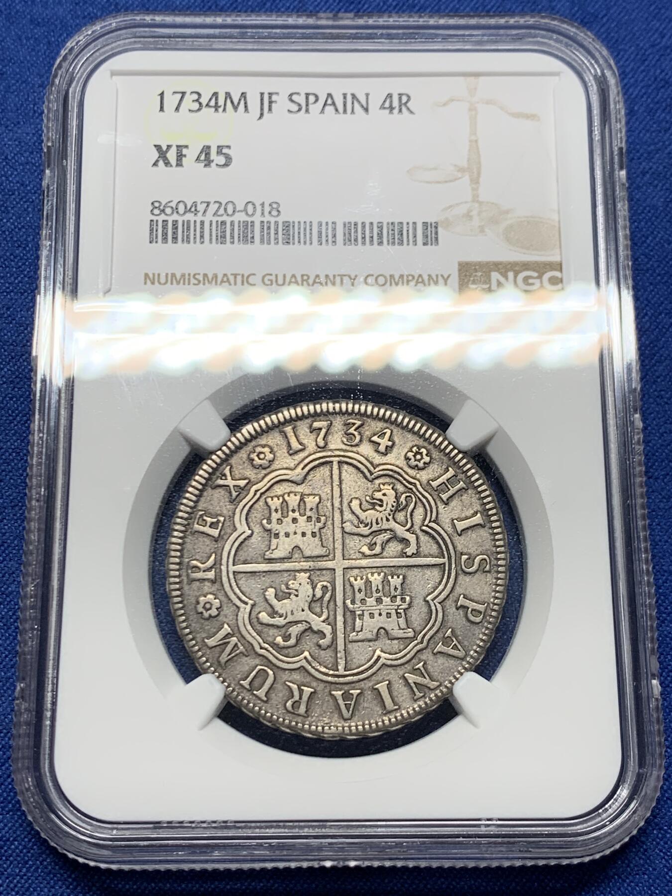 《竞宝斋》第473场 周日，周一 2场连拍 （全场包邮）欢迎送拍 冠军分 NGC XF45 西班牙 本土 1734年 菲利普五世 4R十字银币 深打好细节