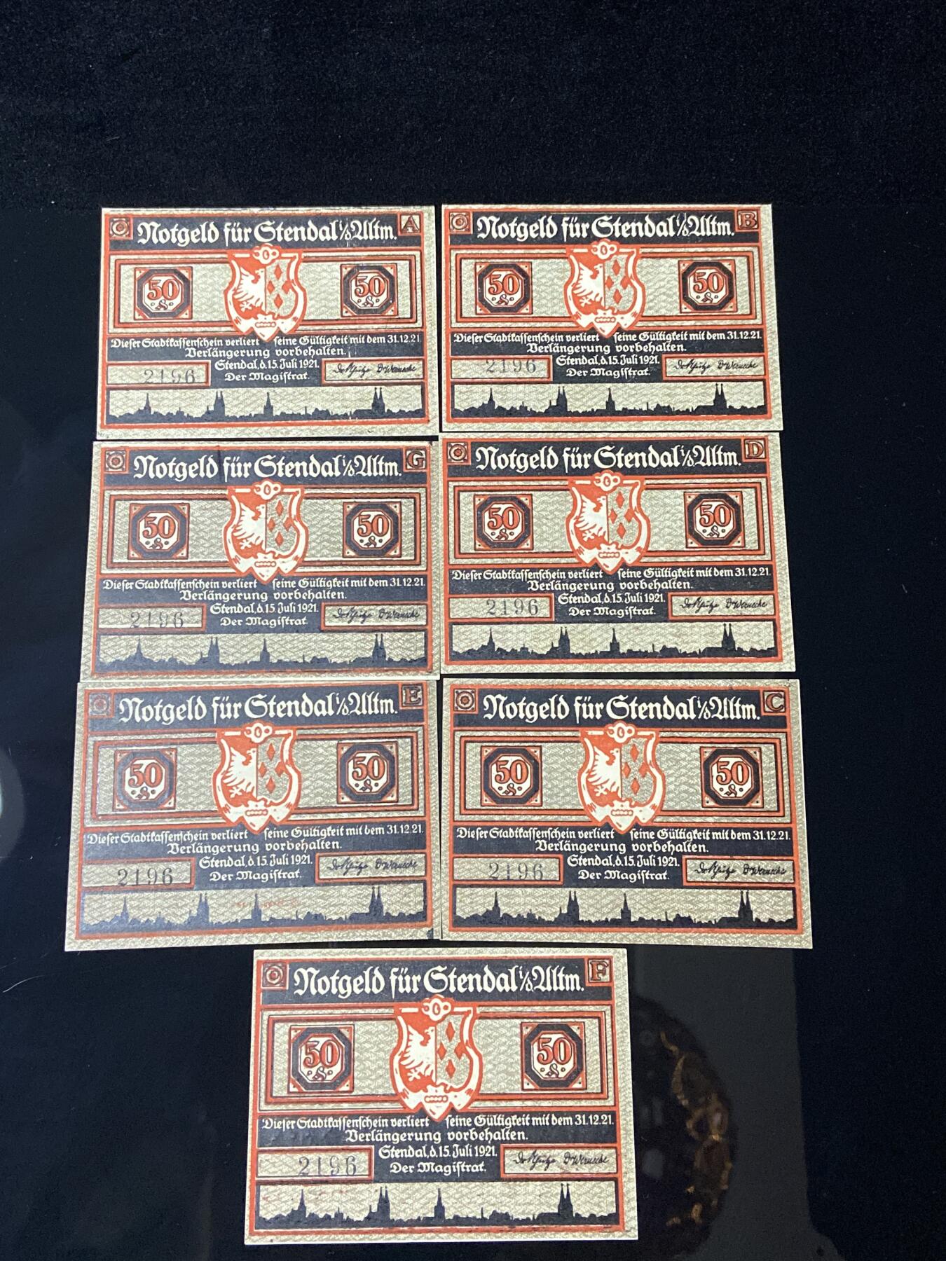 2026年第三十七场(总第二百零六场）德紧纸币特拍场(佣金3%，最低1元) 德紧纸币–德国萨克森省施滕达尔市（Stendal）50芬妮七枚套票