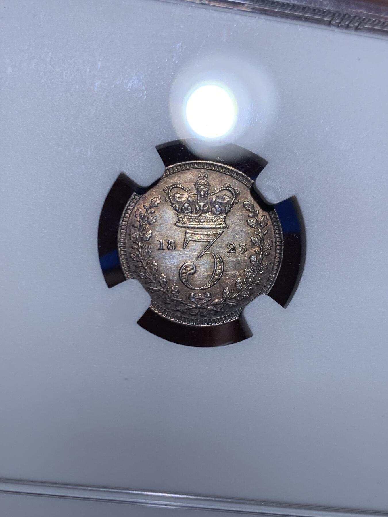 《竞宝斋》第473场 周日，周一 2场连拍 （全场包邮）欢迎送拍 四枚一组 NGC UNCD-MS62 英国1823年乔治四世濯足币 1-4便士银币