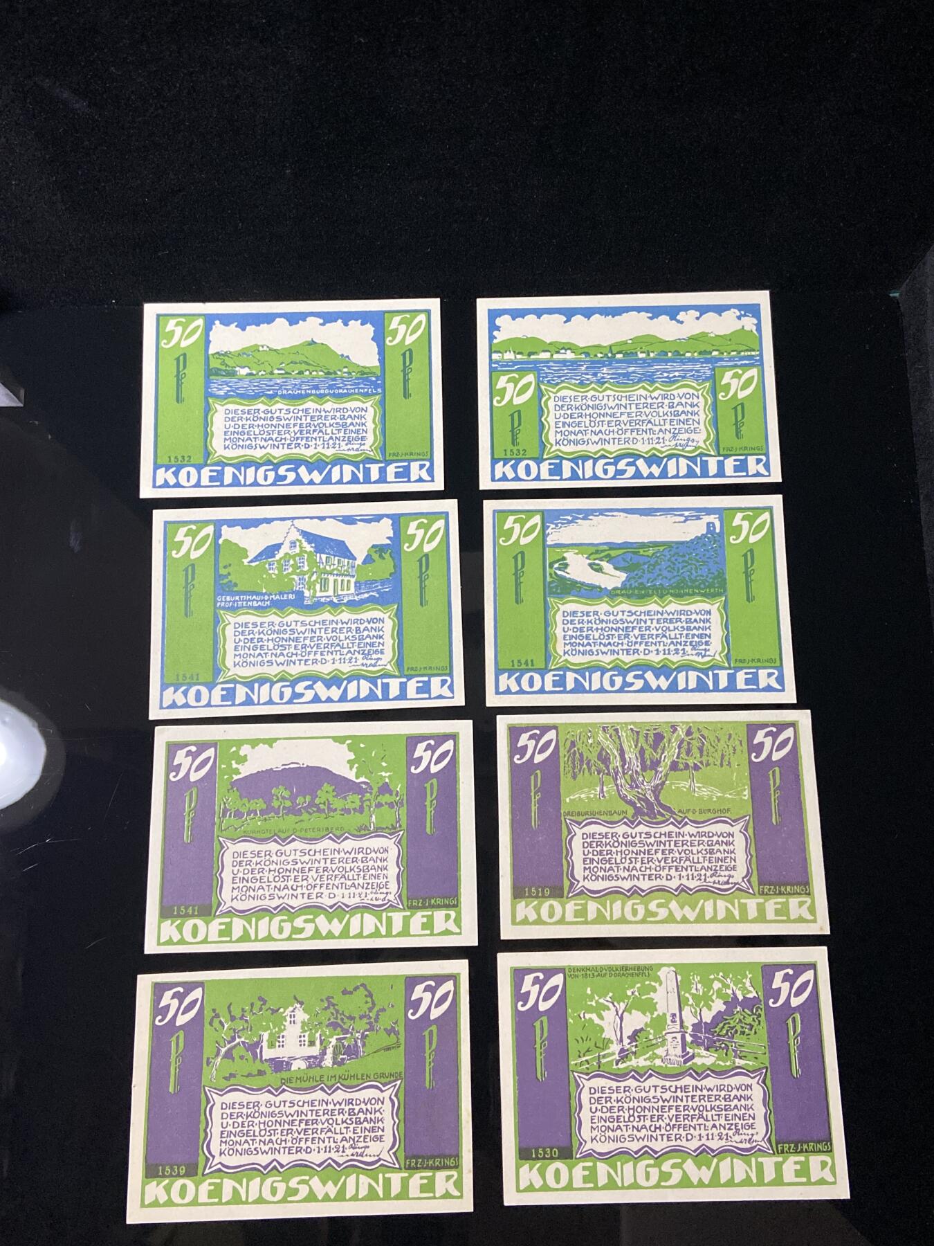 2026年第三十七场(总第二百零六场）德紧纸币特拍场(佣金3%，最低1元) 德紧纸币–德国北莱茵-威斯特法伦州柯尼斯温特镇（Königswinter）50芬妮八枚套票