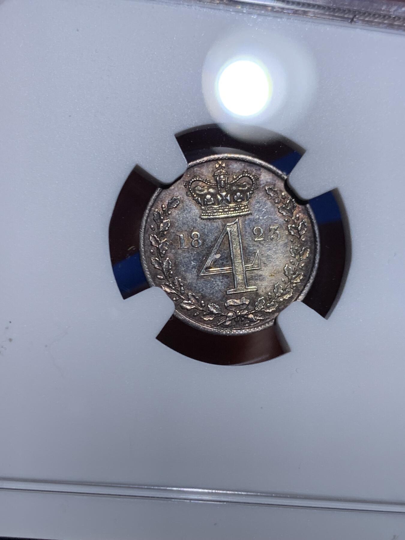 《竞宝斋》第473场 周日，周一 2场连拍 （全场包邮）欢迎送拍 四枚一组 NGC UNCD-MS62 英国1823年乔治四世濯足币 1-4便士银币