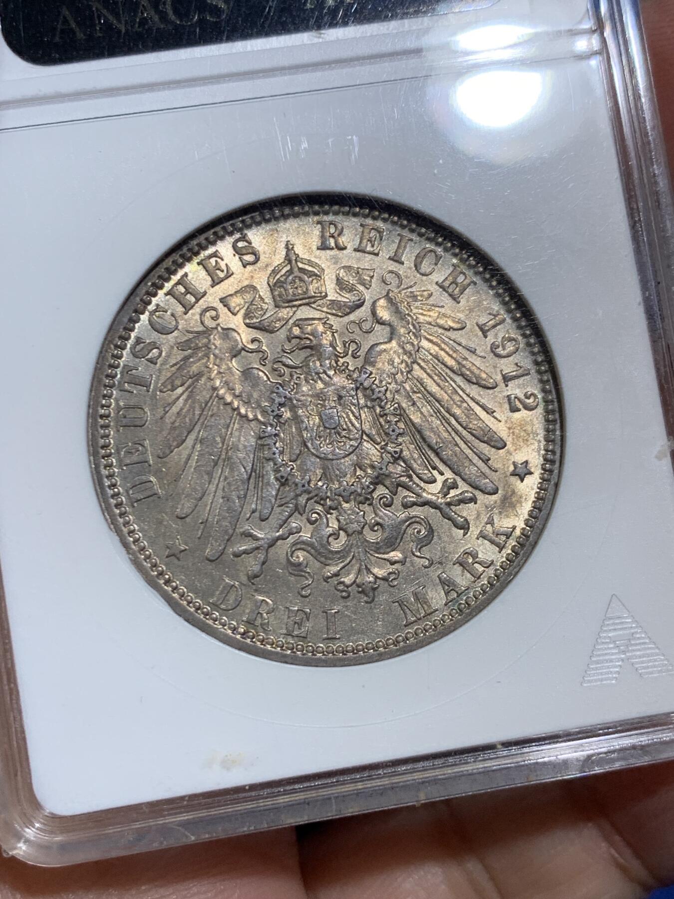 《竞宝斋》第473场 周日，周一 2场连拍 （全场包邮）欢迎送拍 ANACS MS61 德国1912年汉堡3马克 早期小白盒 原光五彩