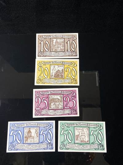 2026年第三十七场(总第二百零六场）德紧纸币特拍场(佣金3%，最低1元) - 德紧纸币–德国萨克森州施魏因尼茨行政区（Kreis Schweinitz）10、20、25、50五枚套票