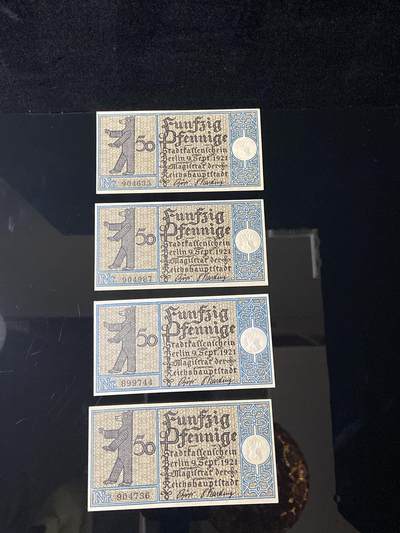 2026年第三十七场(总第二百零六场）德紧纸币特拍场(佣金3%，最低1元) - 德紧纸币–德国柏林市（Reichshauptstadt Berlin）50芬妮四枚套票
