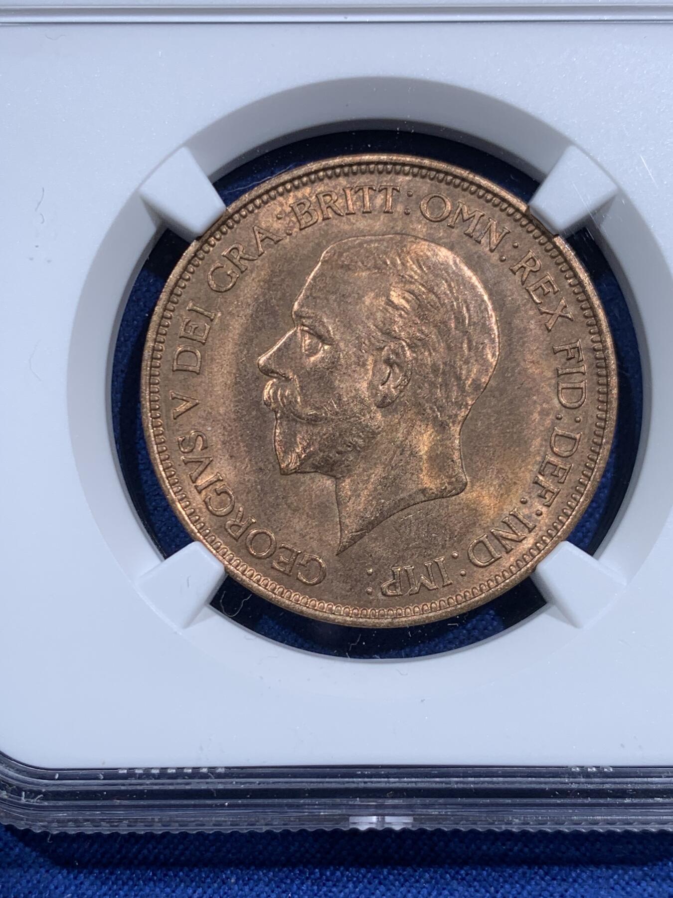 《竞宝斋》第473场 周日，周一 2场连拍 （全场包邮）欢迎送拍 NGC MS64RB 英国1936乔五1便士铜币 英系经典品种 背面为不列颠女神形象 细节光度都不错