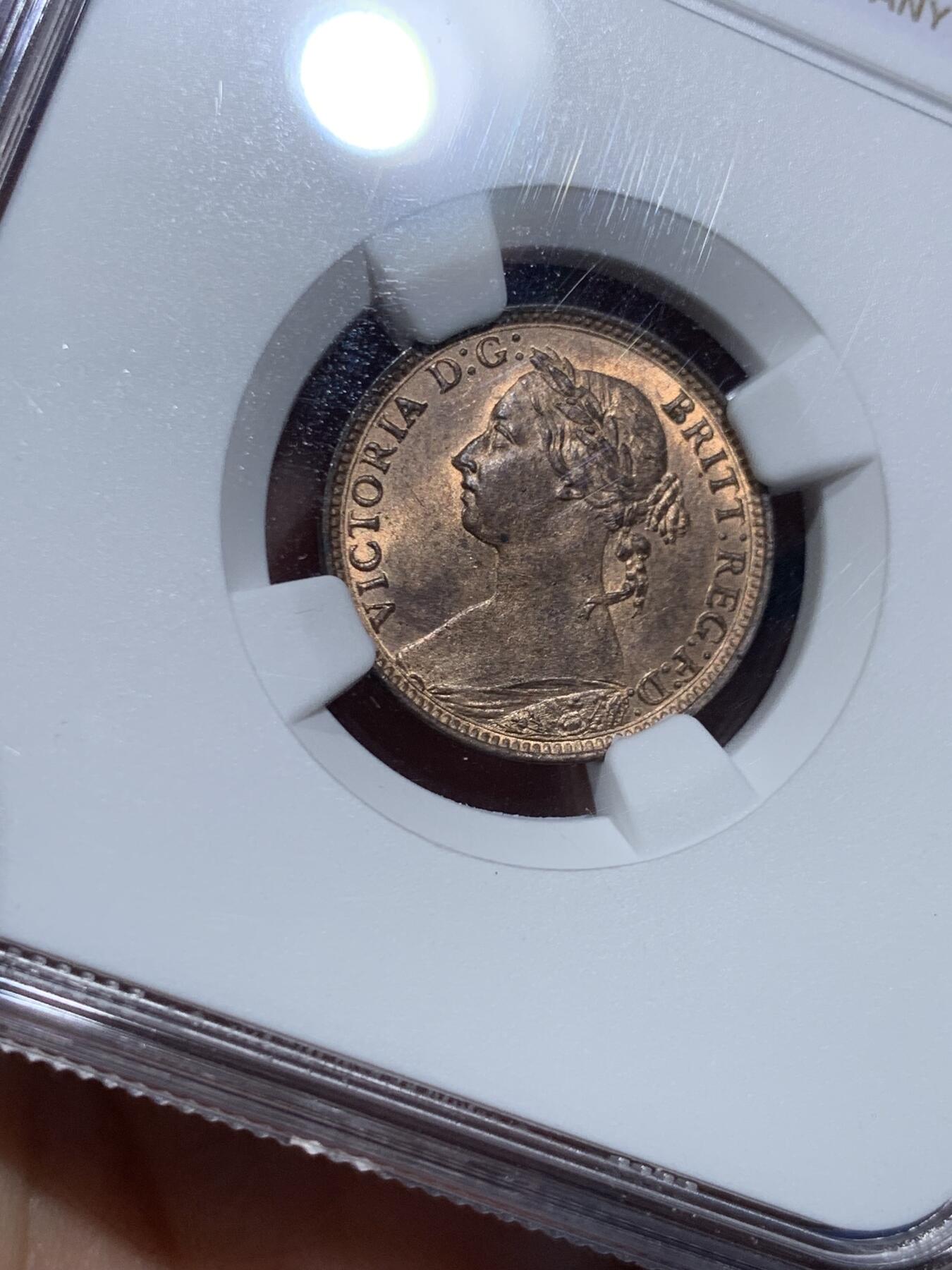 《竞宝斋》第473场 周日，周一 2场连拍 （全场包邮）欢迎送拍 NGC MS64RB 英国1891年 维多利亚1法新(1/4便士)铜币 铜光犹在 少见高分 同品类NGC更高评分仅3枚