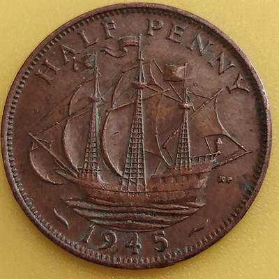 布加迪🐬～世界钱币(上海)🌾第 282 期 /  各国套币和散币 - 英国🇬🇧 1945年 1/2便士 乔治六世